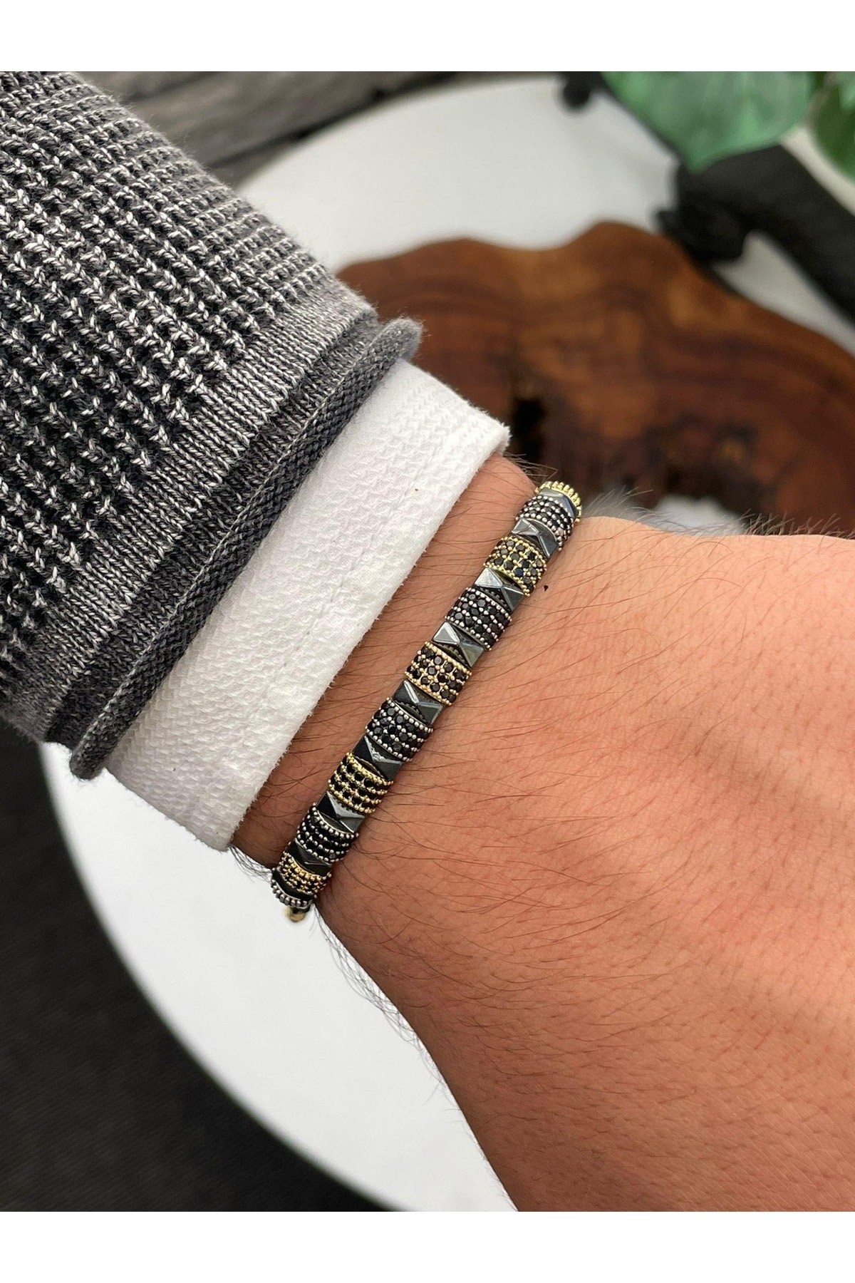 Özel Tasarım Zirkon Hematit Taşlı Ayarlanabilir Unisex Bileklik