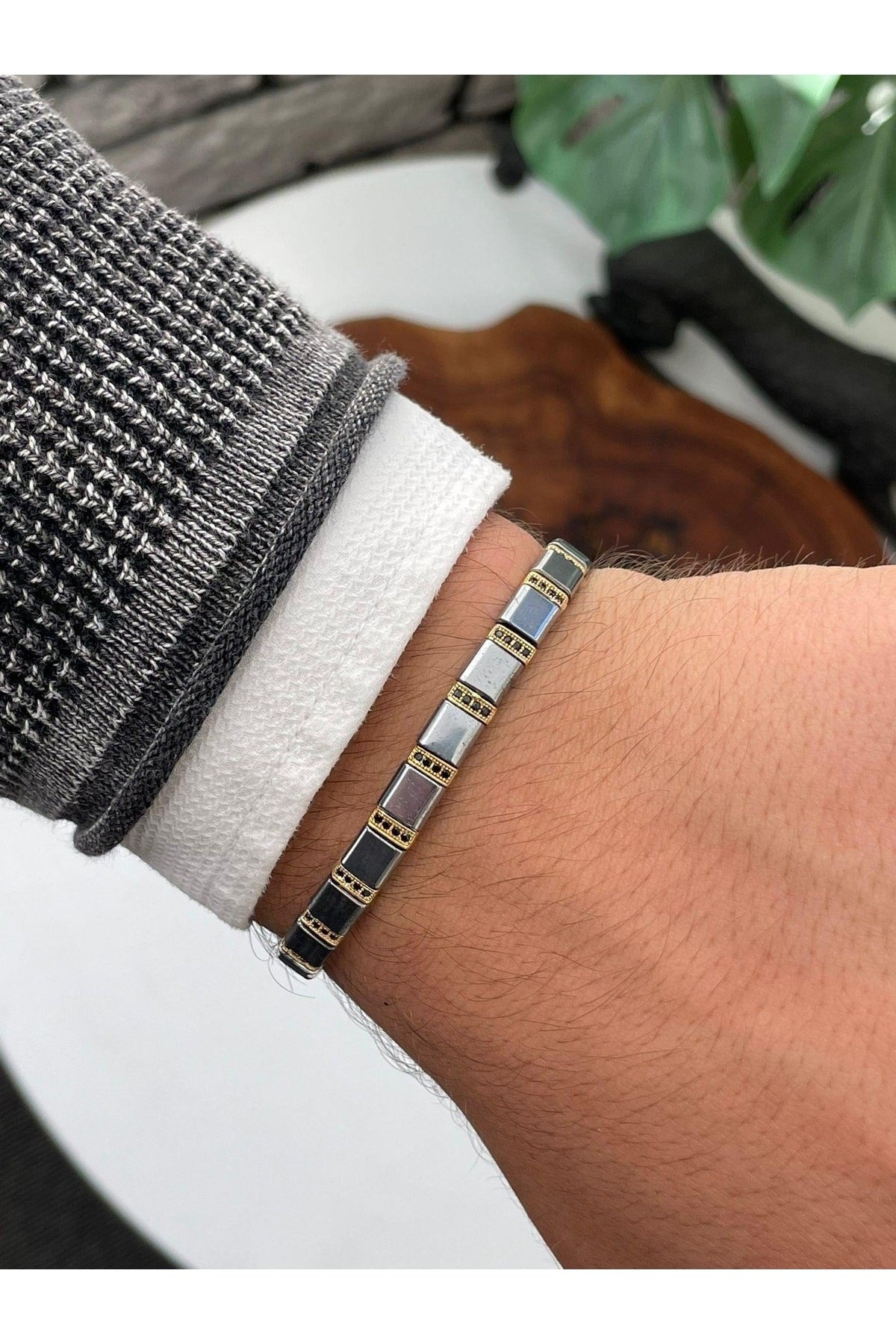 Özel Tasarım Zirkon Hematit Taşlı Ayarlanabilir Unisex Bileklik