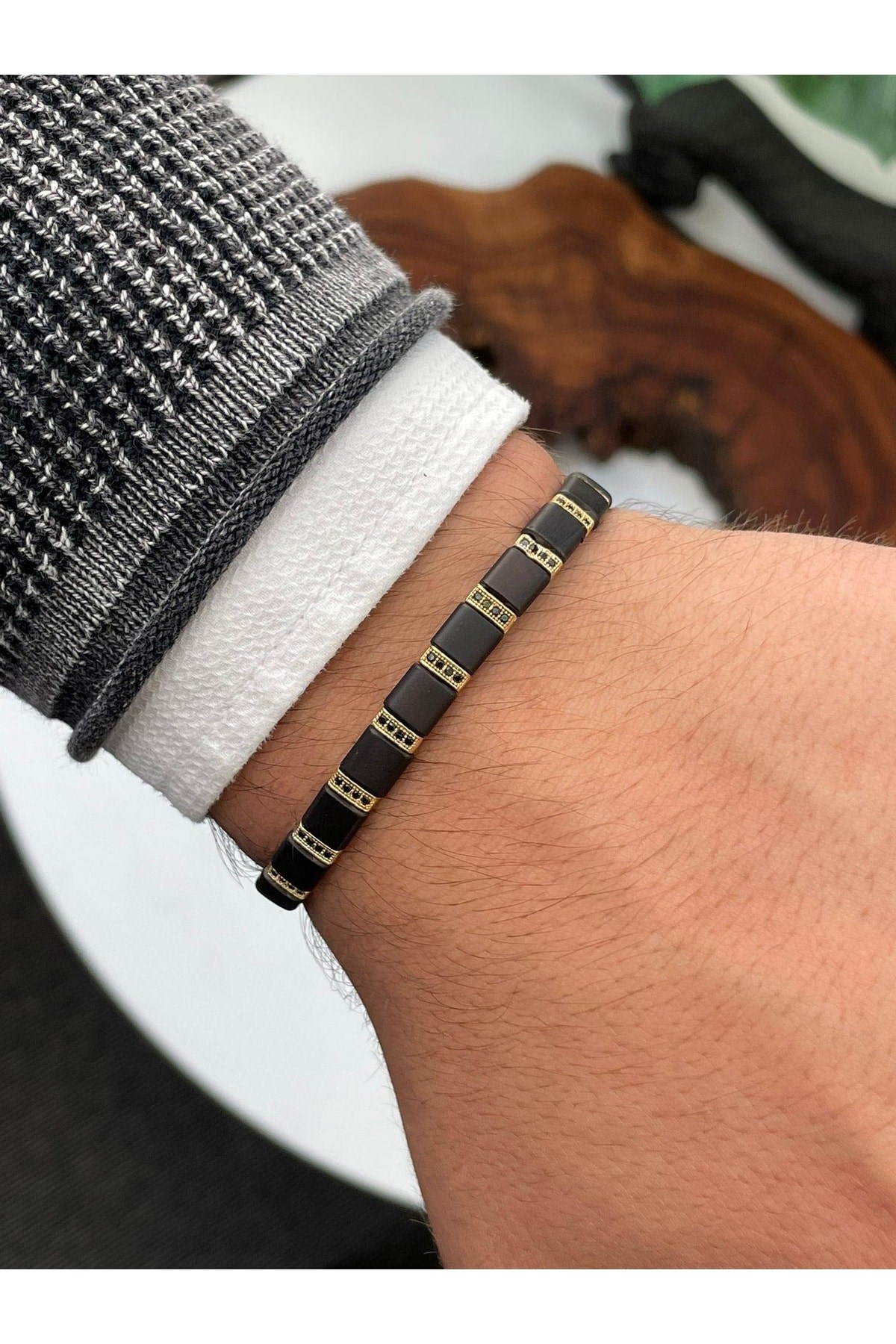 Özel Tasarım Zirkon Hematit Taşlı Ayarlanabilir Unisex Bileklik