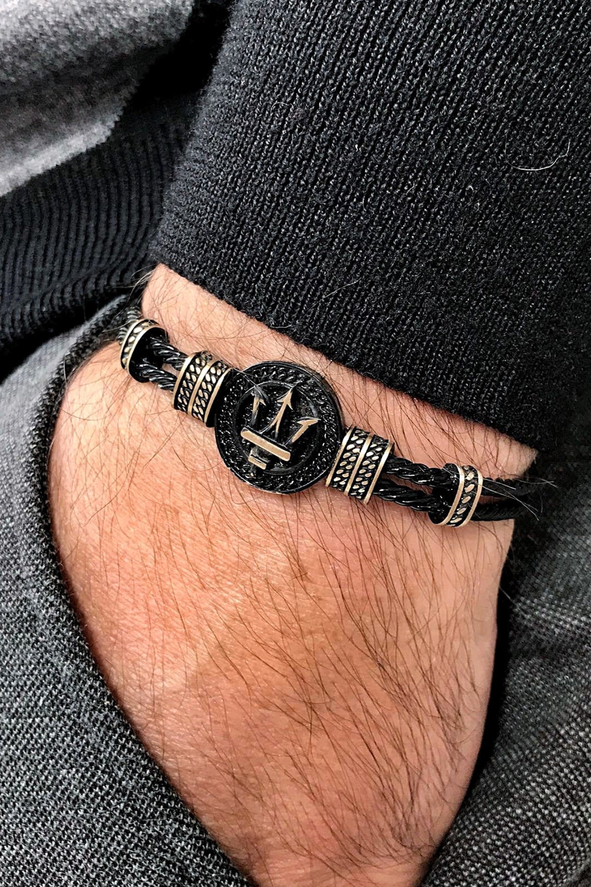Poseidon Figürlü Siyah Eskitme Renkli Handmade Ayarlanabilir Kelepçe Erkek Bileklik