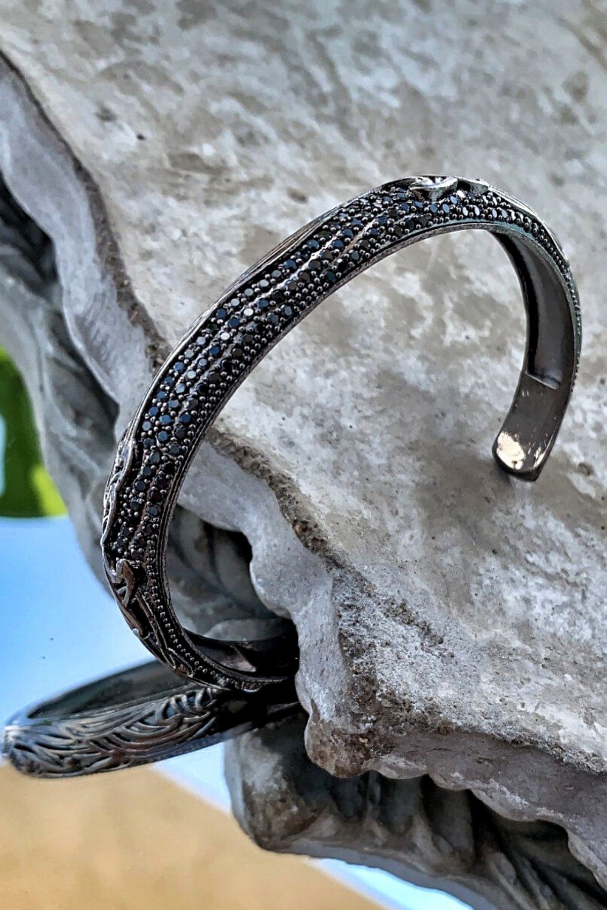 Rüzgar Desen Gümüş Renkli Zirkon Taşlı Handmade Kelepçe Erkek Bileklik