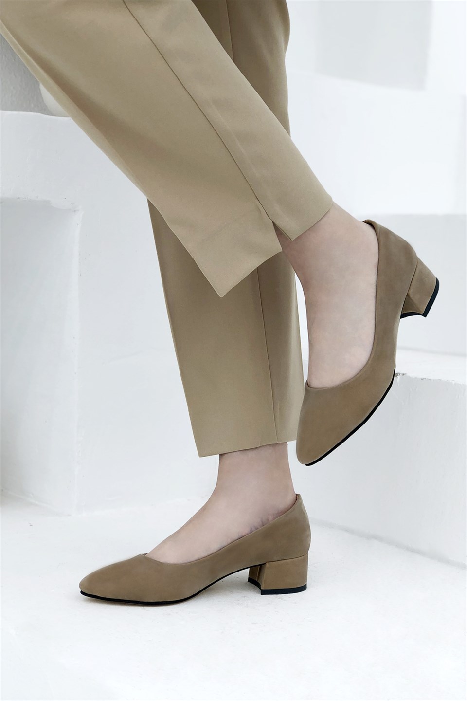 Alçak Kalın Ökçe Stiletto Ten Süet N-1001