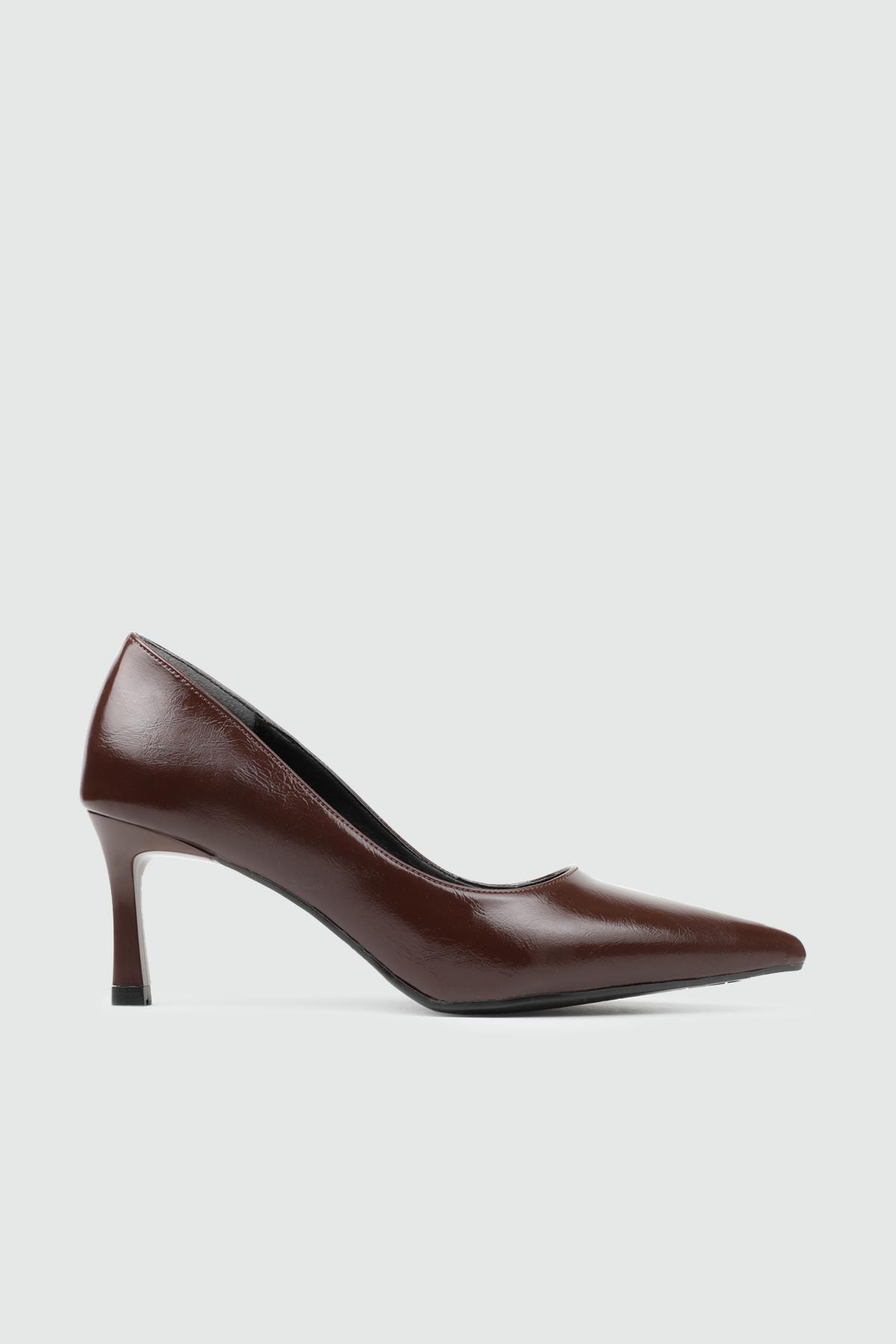 My Bella 25K WST-70 İnce Topuk Kadın Ayakkabı Kahve Kırışık Rugan