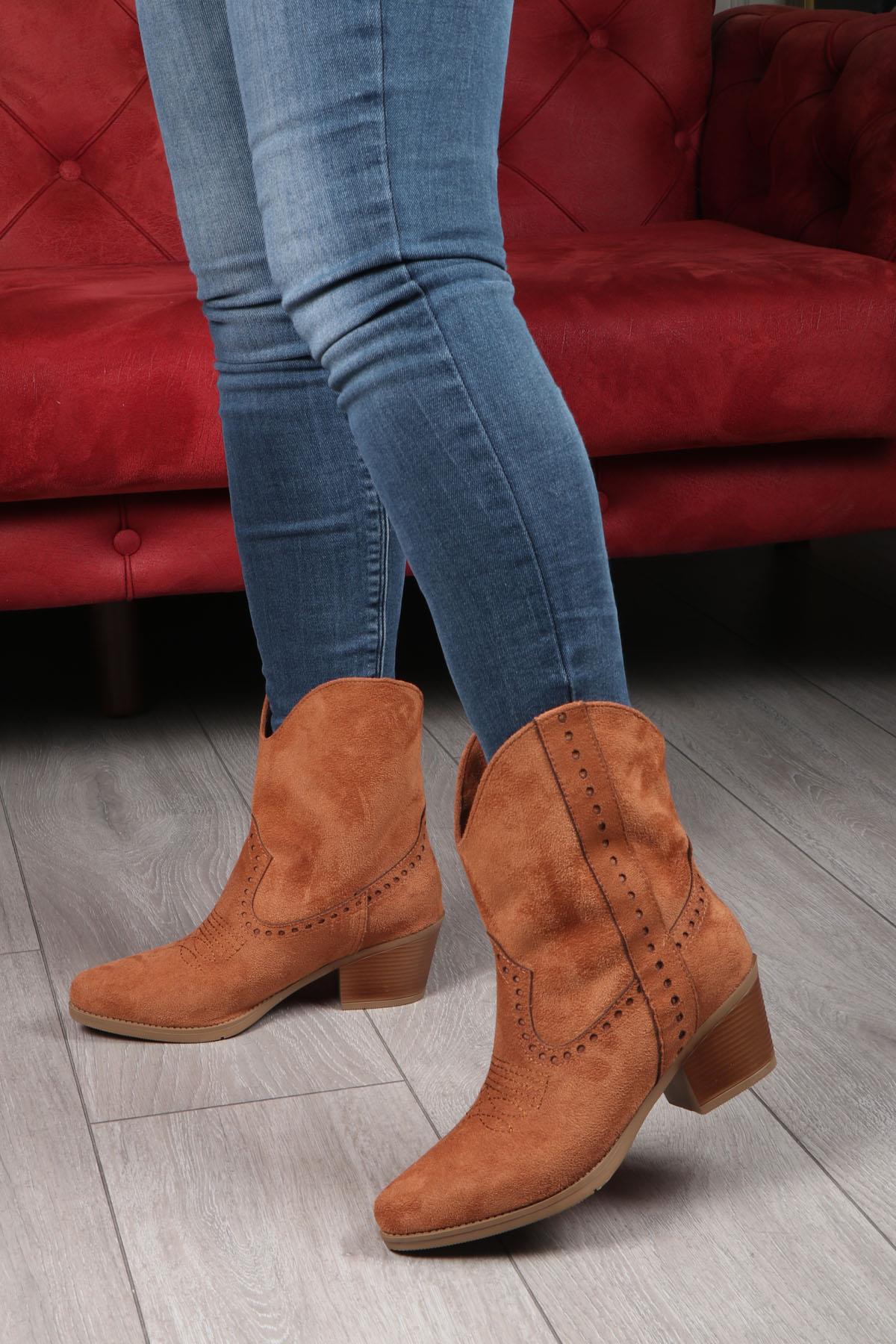 MY BELLA KS-725 Kadın Kovboy Bot Taba Süet