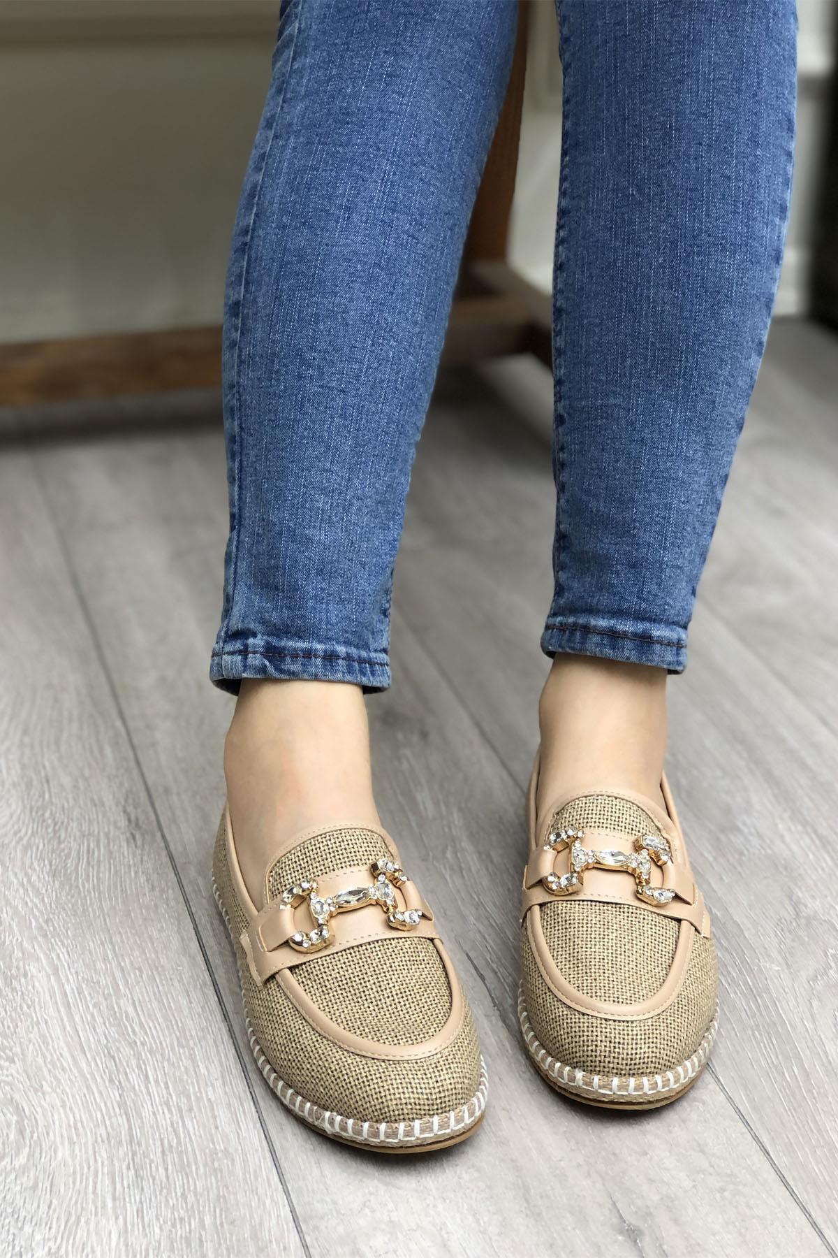 MY BELLA SM-0526 Hasır Espadril Kadın Babet Bej