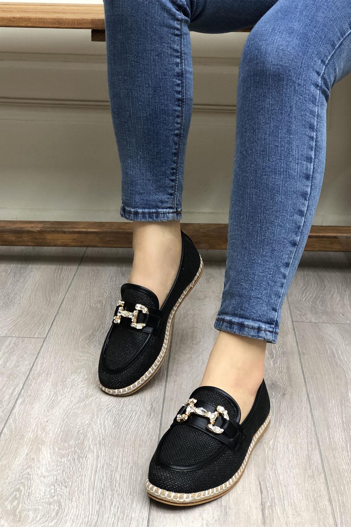 MY BELLA SM-0526 Hasır Espadril Kadın Babet Siyah