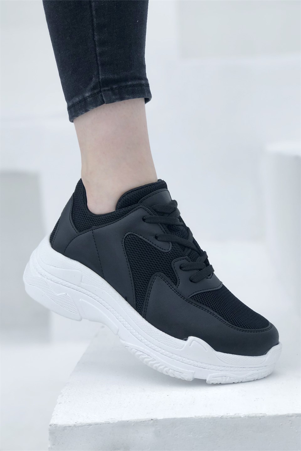 Yüksek Taban Nefes Alır Günlük Kadın Spor Ayakkabı Siyah Beyaz Ş-10 | My  Bella Shoes