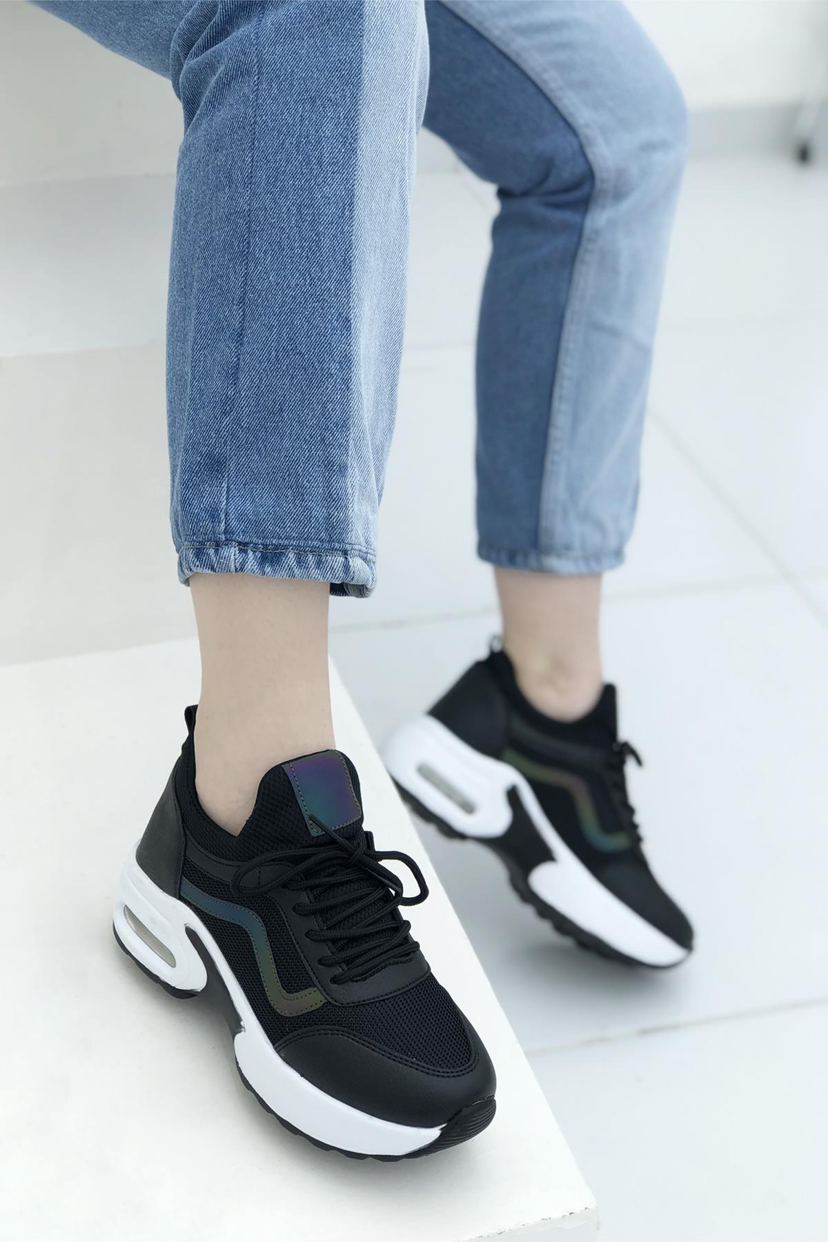 Fileli Bağcıklı Yüksek Taban Kadın Günlük Spor Ayakkabı Siyah Beyaz 121  FLET | Mybella Shoes