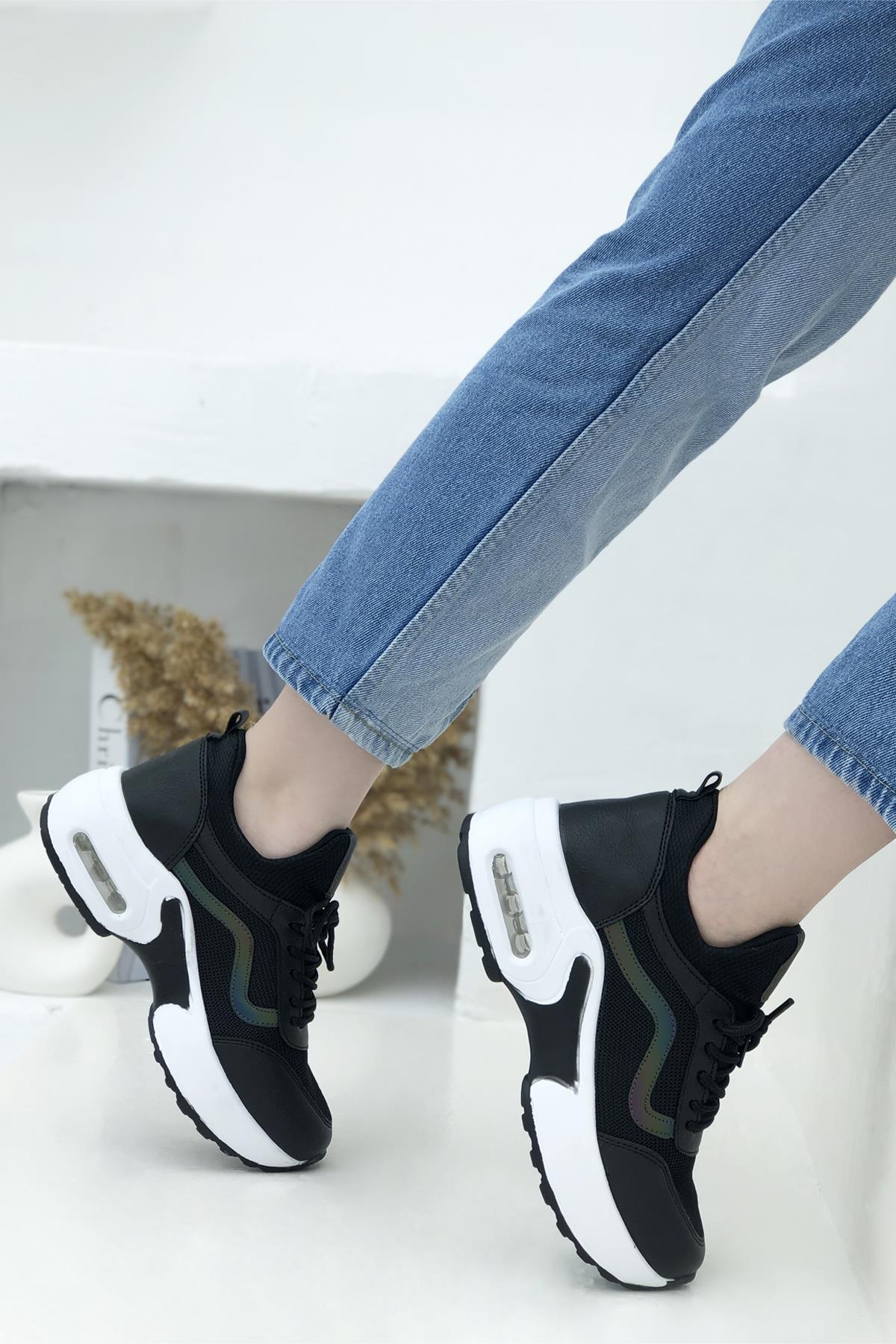 FLET Fileli Bağcıklı Yüksek Taban Kadın Günlük Spor Ayakkabı Siyah Beyaz  121 | Mybella Shoes