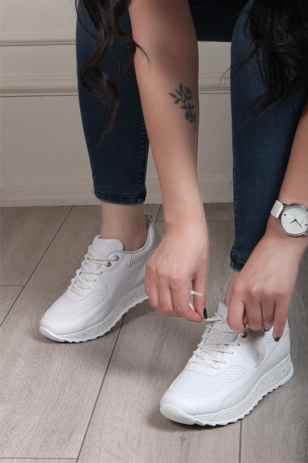 FLET 104 Cilt Simli Kadın Spor Ayakkabı Beyaz