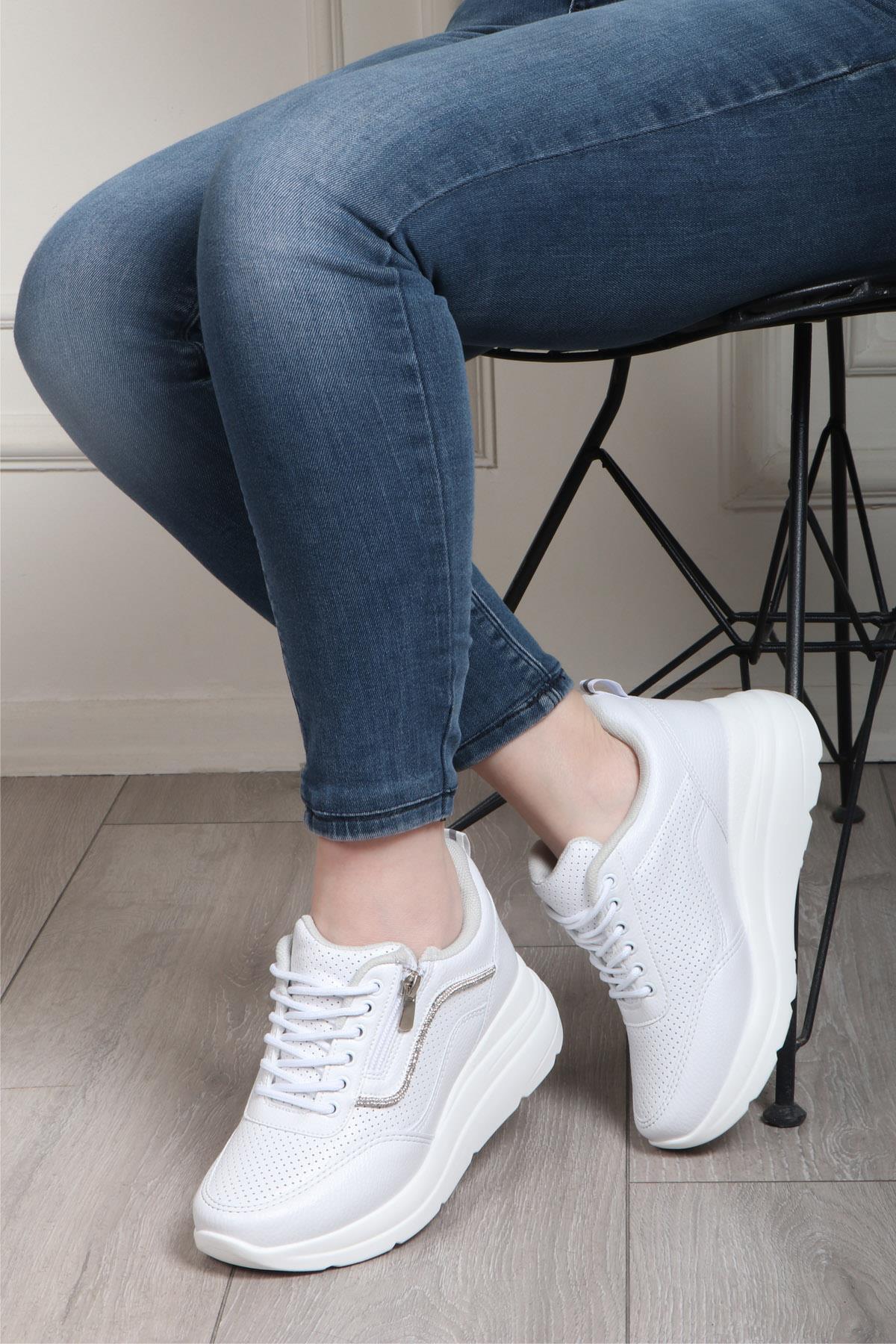 FLET 207 Cilt Fermuarlı Kadın Spor Ayakkabı Beyaz Beyaz