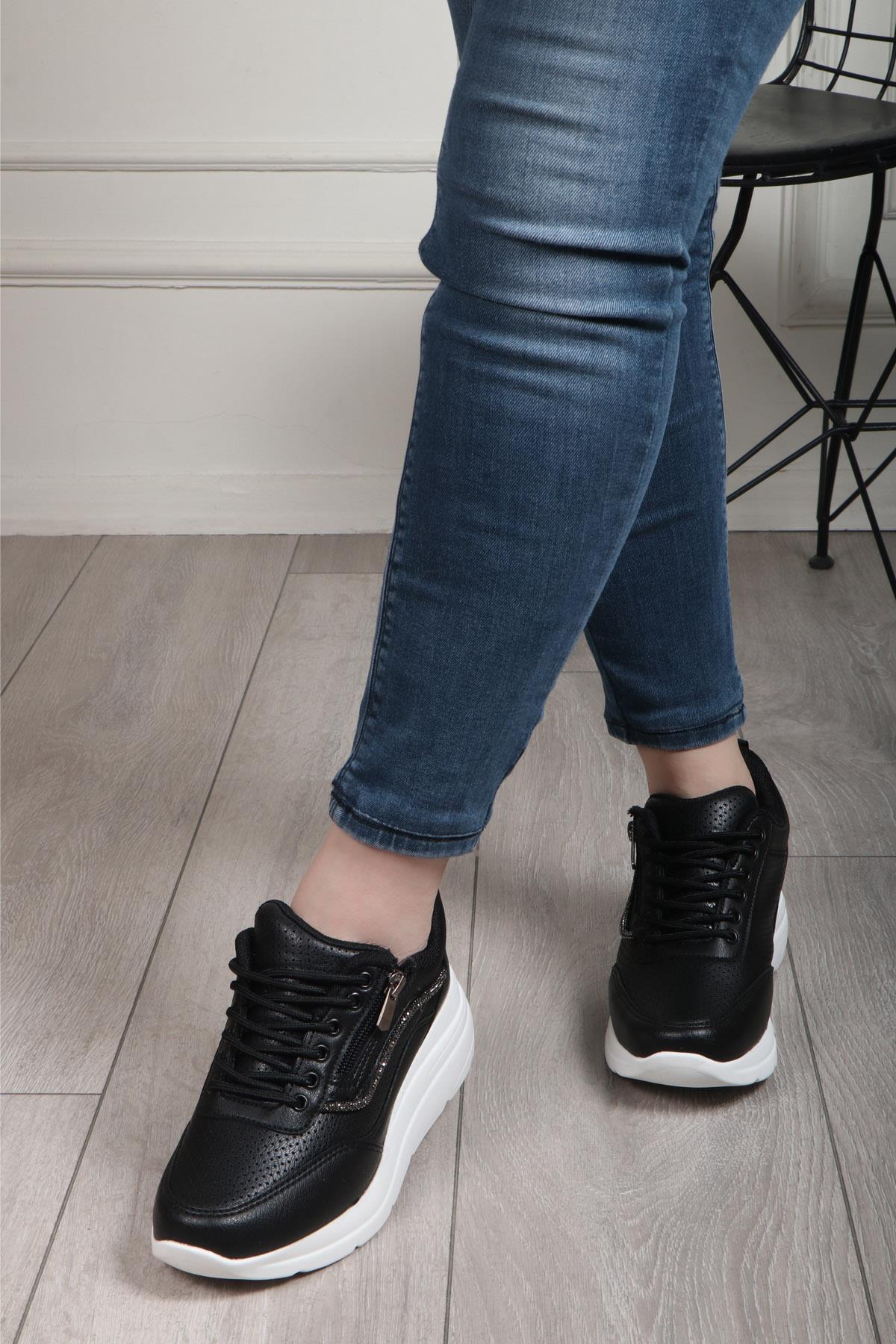 FLET 207 Cilt Fermuarlı Kadın Spor Ayakkabı Siyah Beyaz