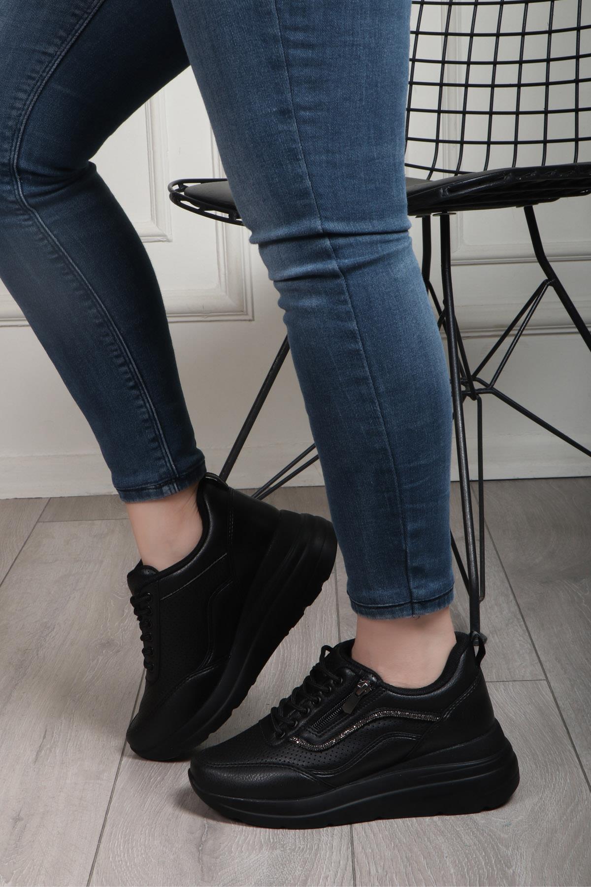 FLET 207 Cilt Fermuarlı Kadın Spor Ayakkabı Siyah Siyah