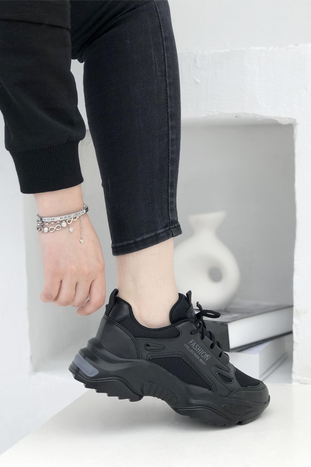 Yüksek Taban Nefes Alır Günlük Kadın Spor Ayakkabı Siyah 9671 | My Bella  Shoes