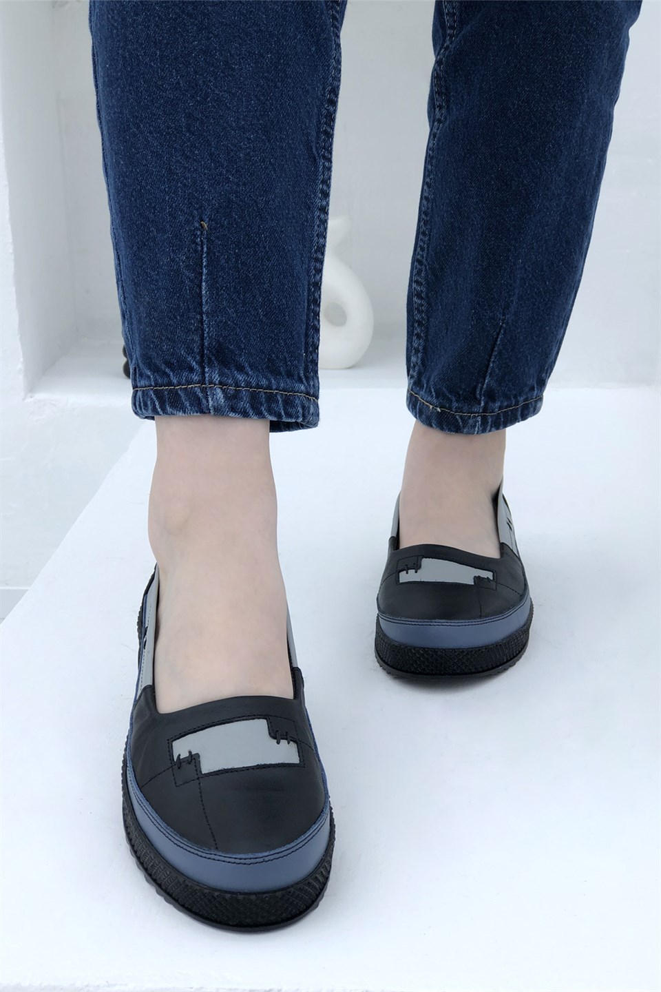 MAMMAMİA 3425 Kadın Deri Ayakkabı Siyah Mavi Gri | My Bella Shoes