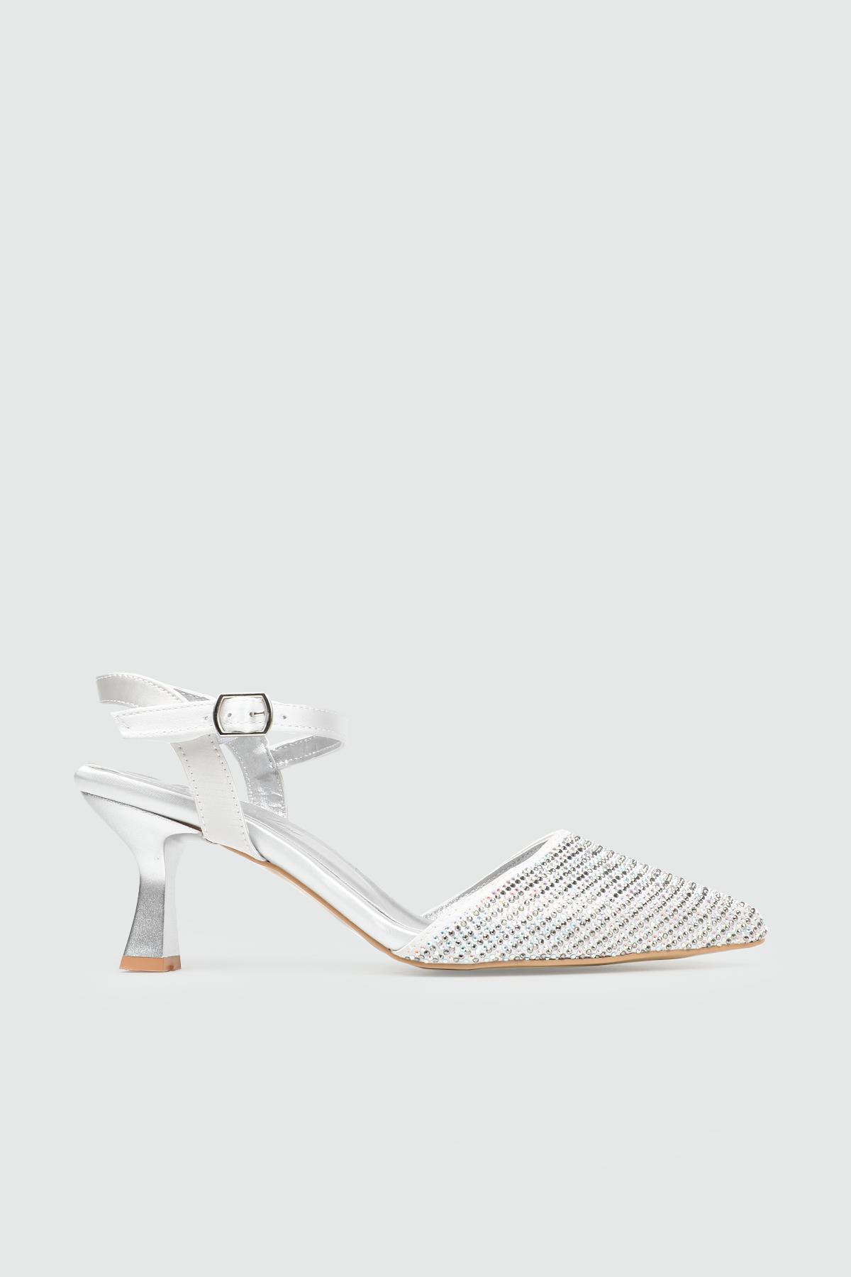 My Bella 25Y KRD-138 Açık Taşlı Kadın Ayakkabı Gümüş Saten