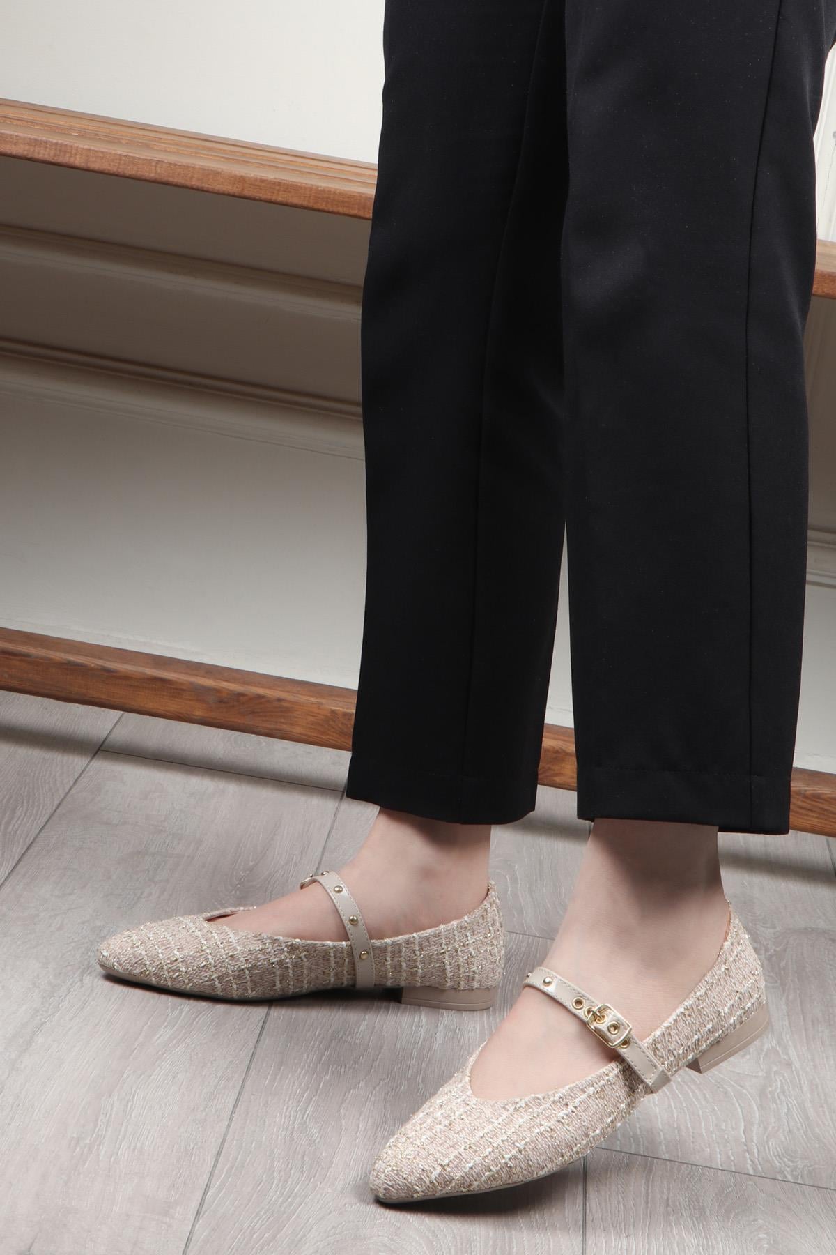 My Bella 25Y ZNR-400 Bilekten Bantllı Kadın Ayakkabı Bej Keten