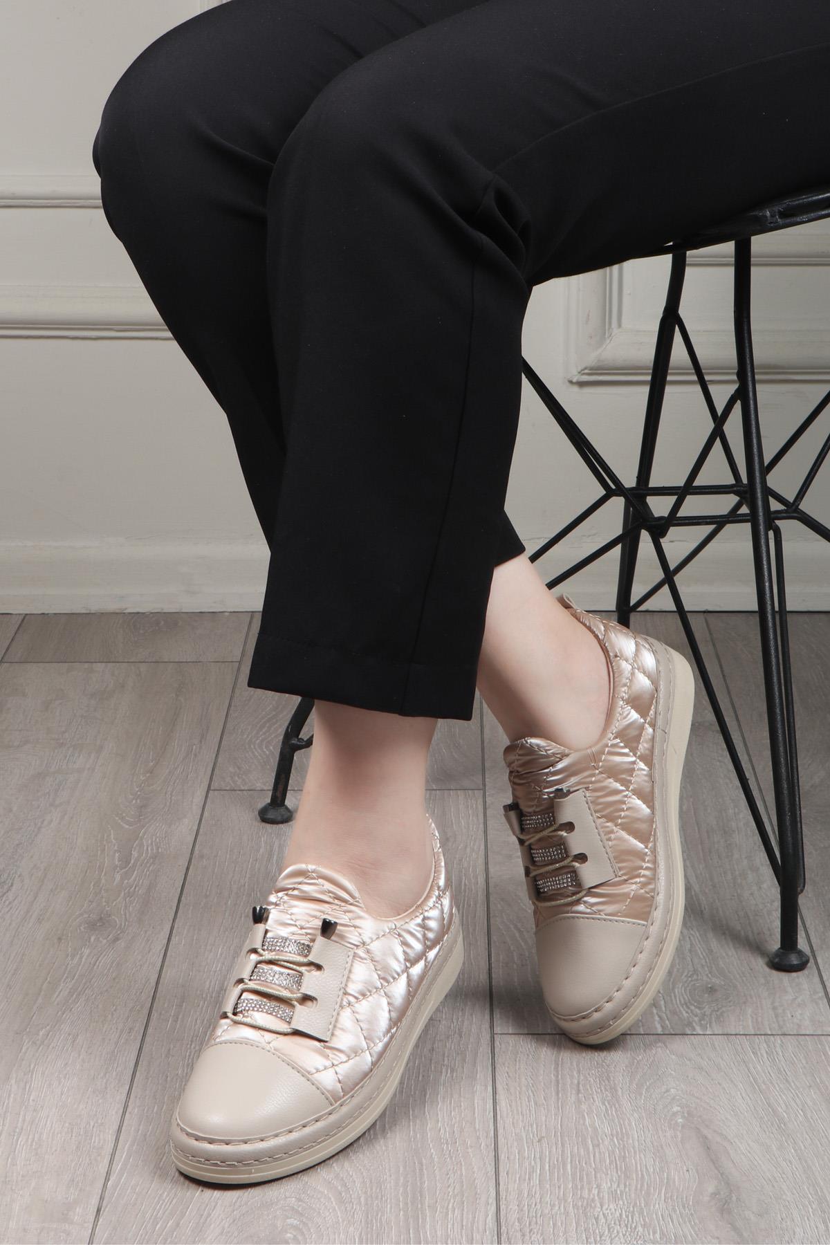 My Bella BH-3021 Bağcıklı Kadın Ayakkabı Bej Paraşüt