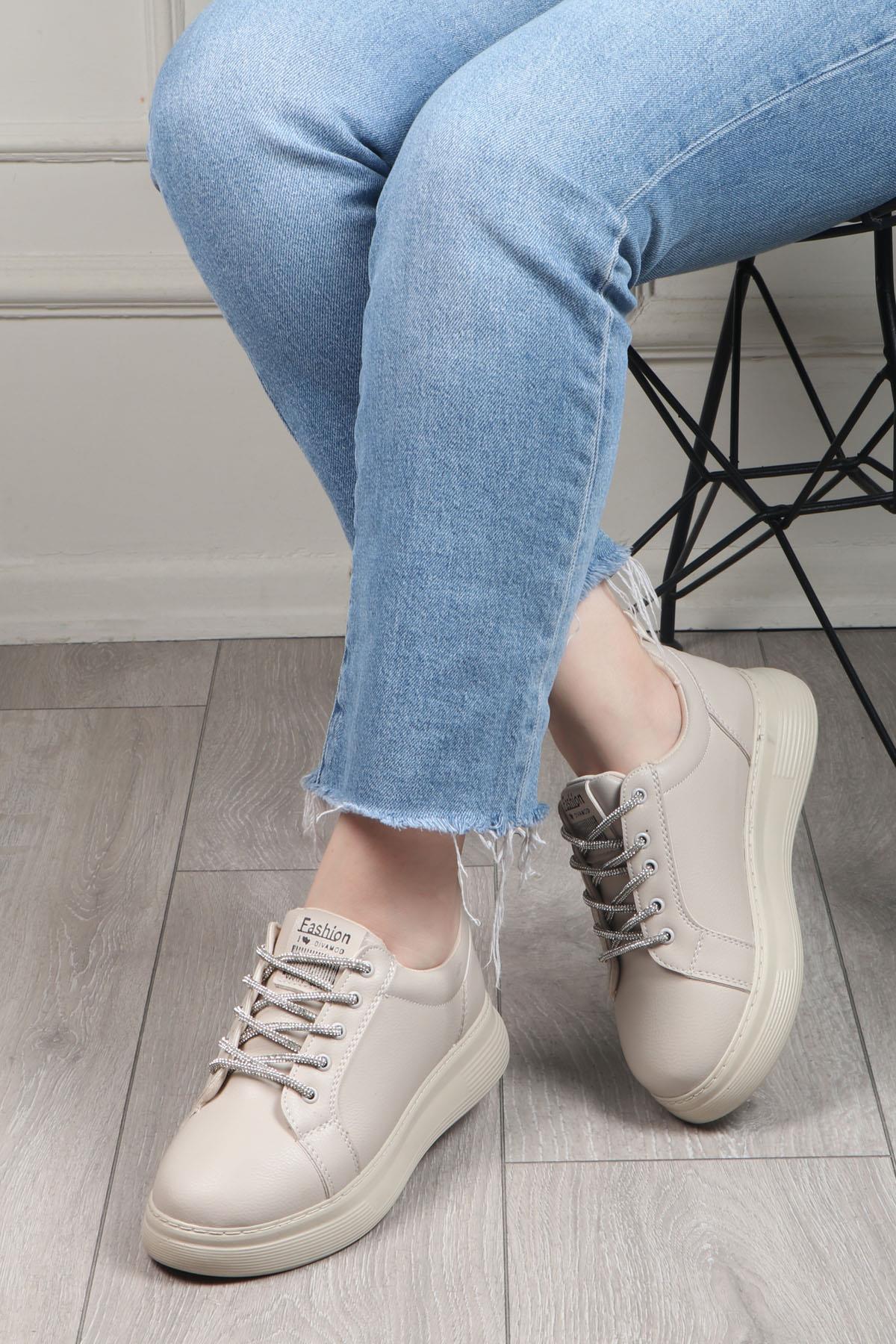 MY BELLA DV-800 Taşlı Bağcıklı Kadın Ayakkabı Bej