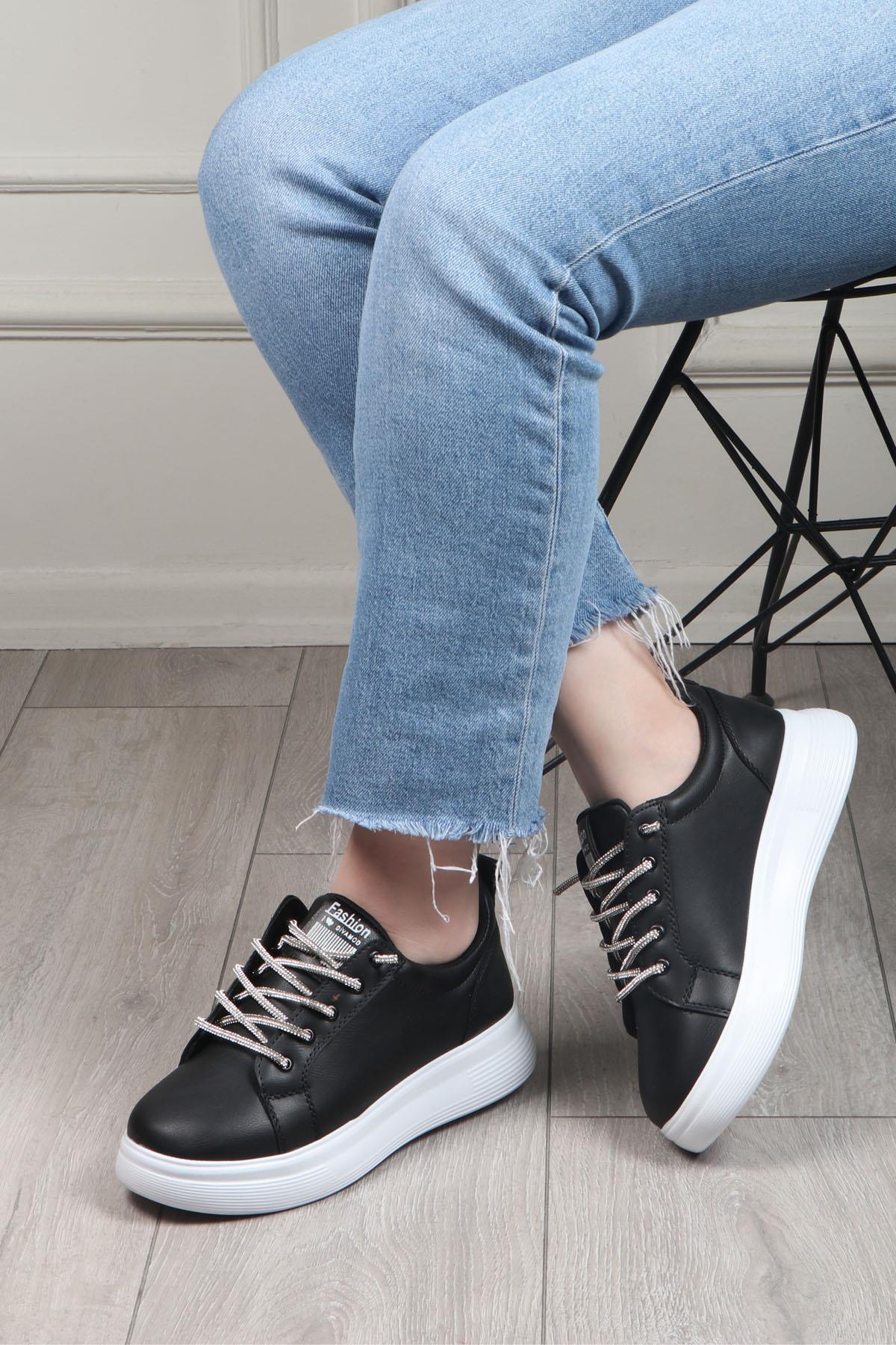 MY BELLA DV-800 Taşlı Bağcıklı Kadın Ayakkabı Siyah Beyaz