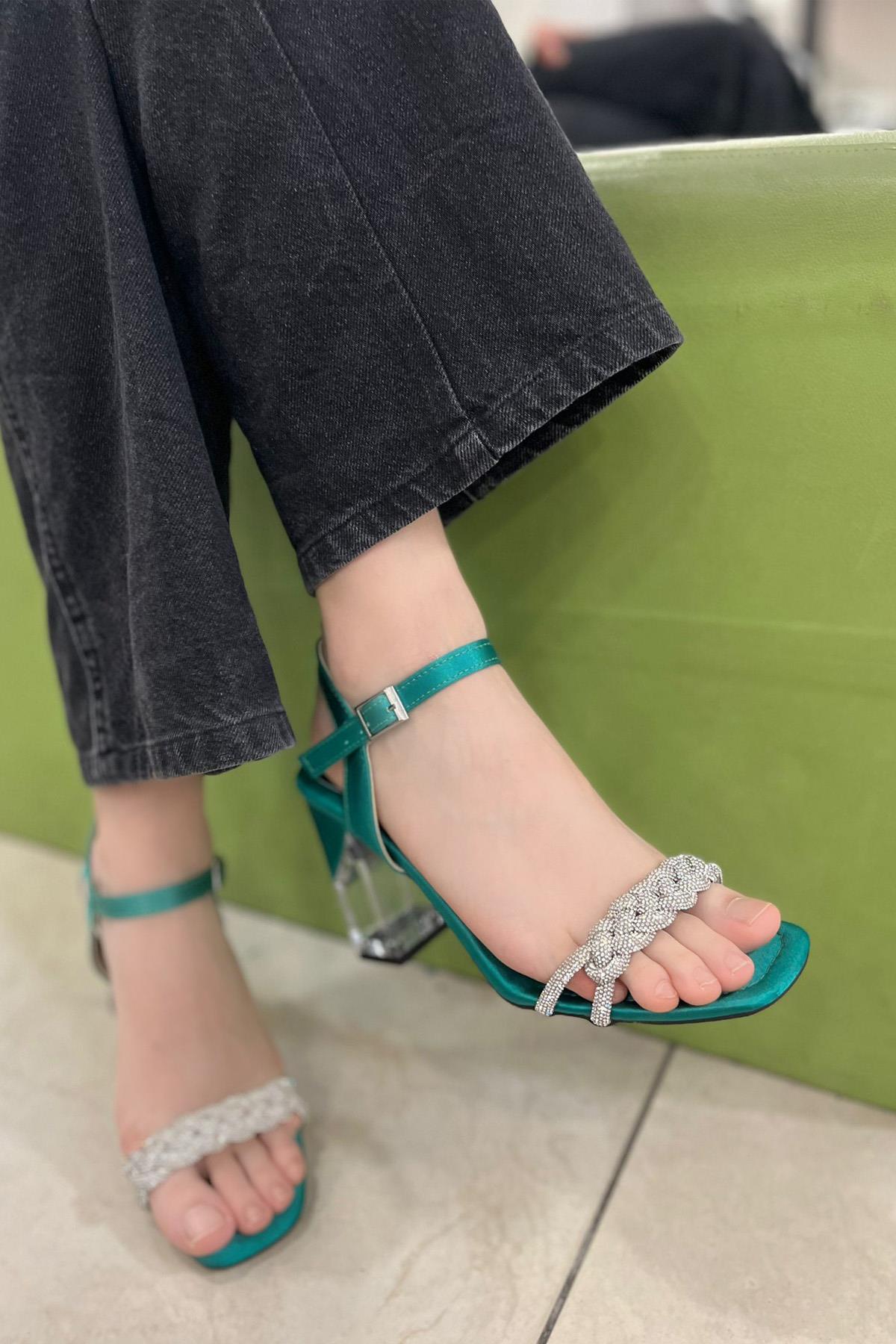 My Bella GK-1013 Örgü Taşlı Kadın Ayakkabı Yeşil Saten