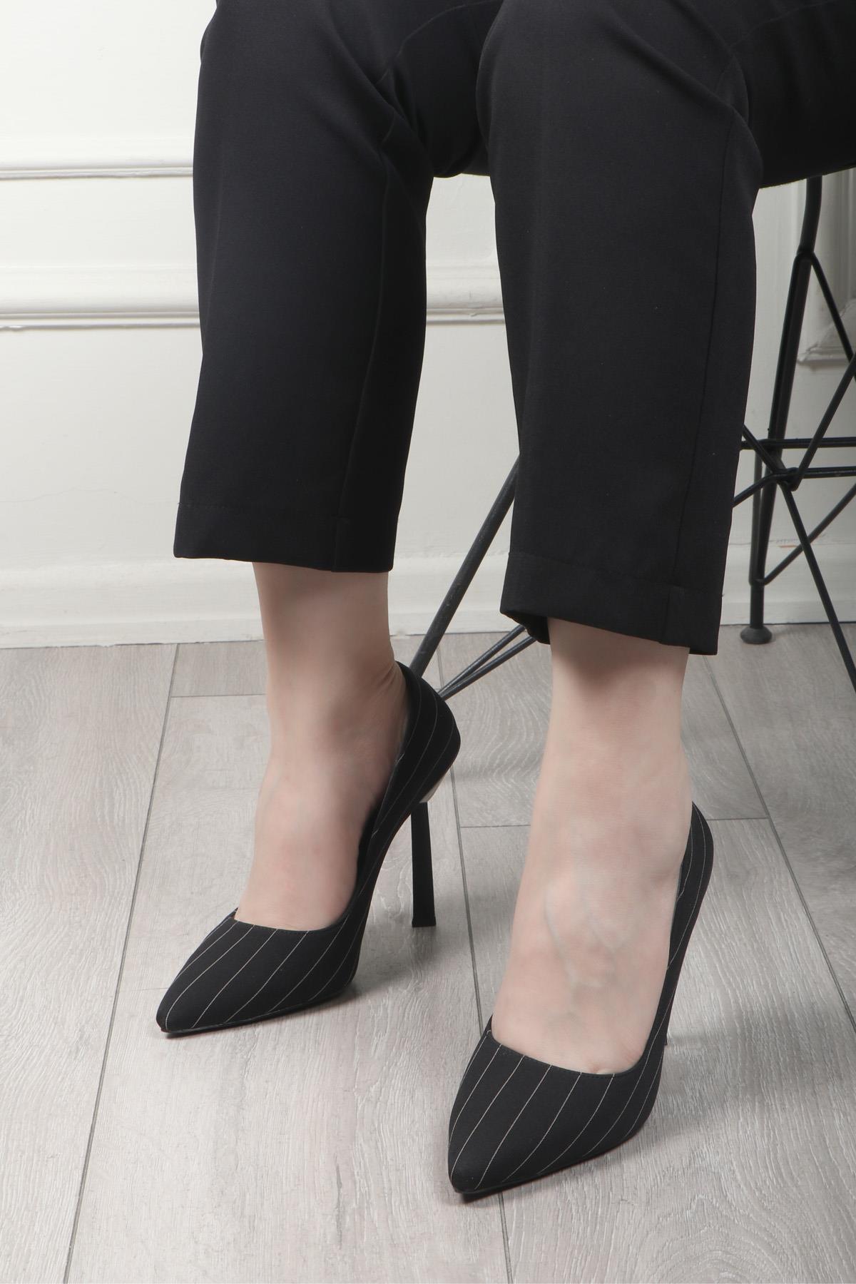 My Bella HM-607 Çizgili Kadın Stiletto Siyah Çizgili