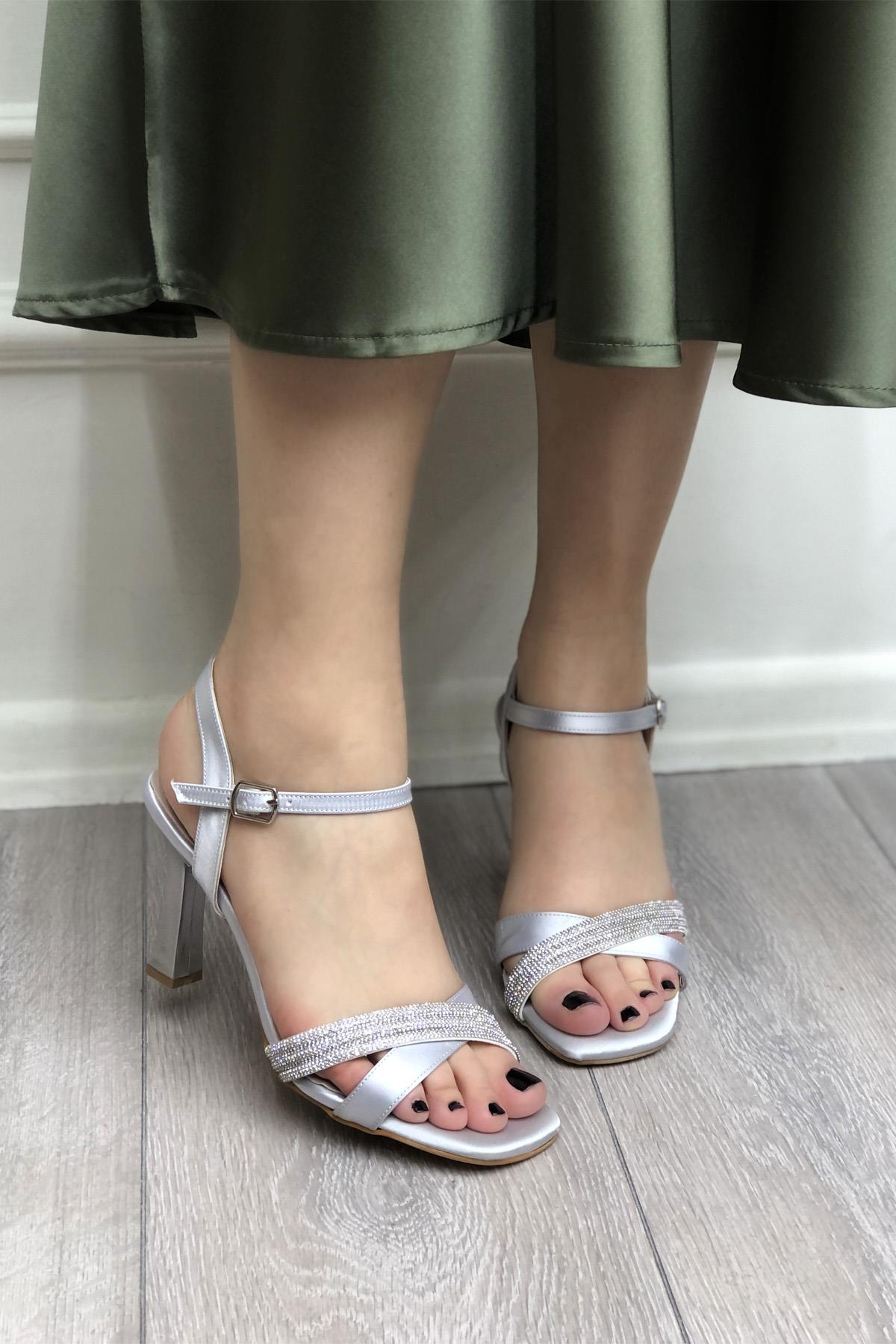 My Bella KRD-206 Taşlı Kadın Ayakkabı Gümüş Saten