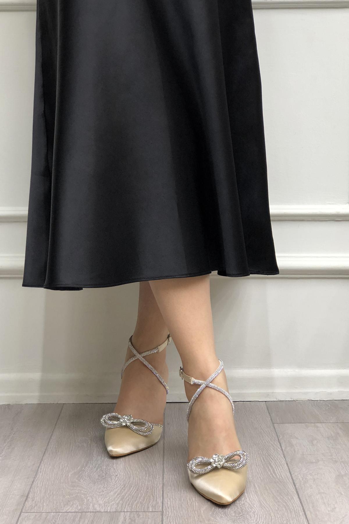 My Bella KRD-215 Fiyonklu Taşlı Kadeh Topuk Kadın Ayakkabı Ten Saten