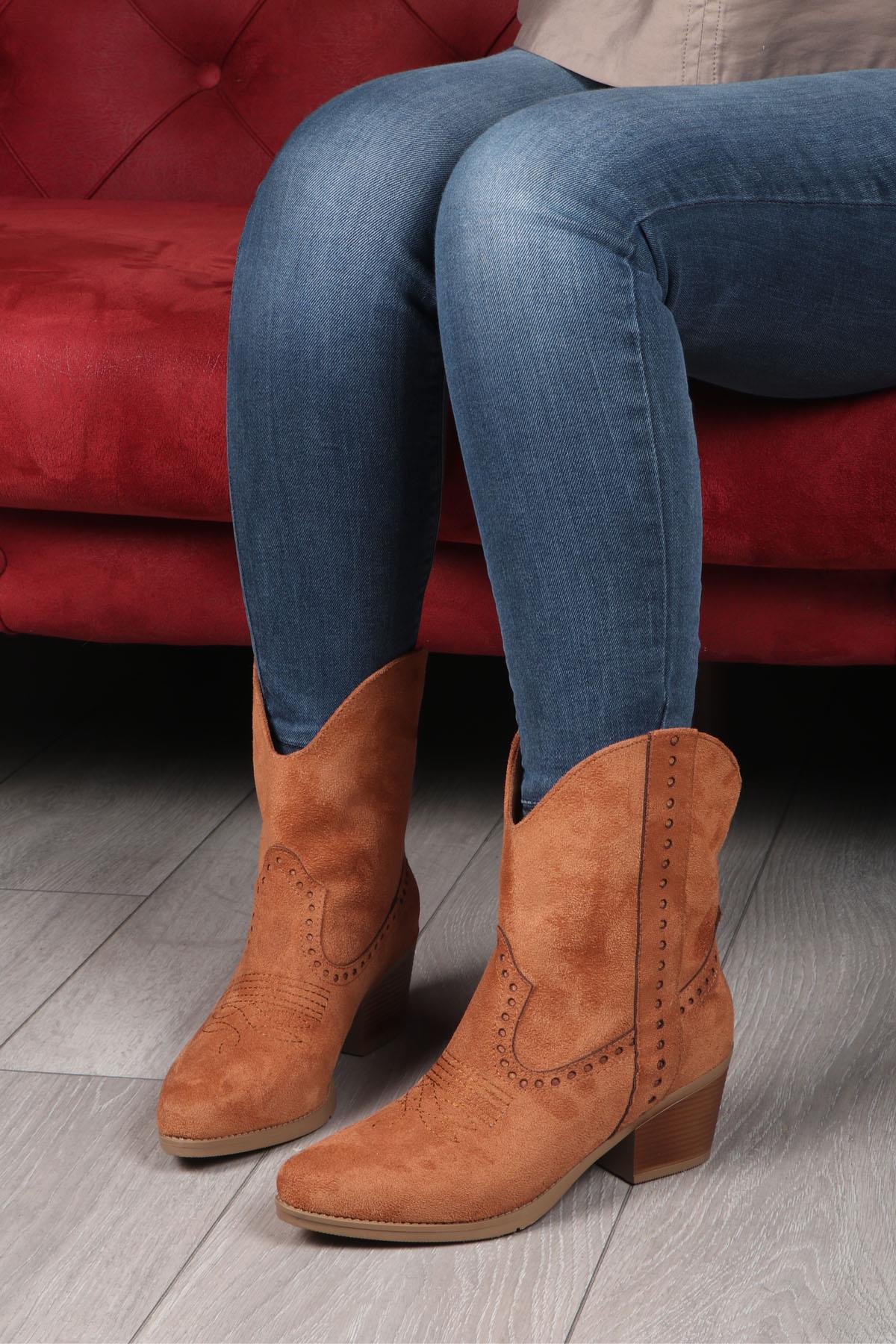 MY BELLA KS-725 Kadın Kovboy Bot Taba Süet