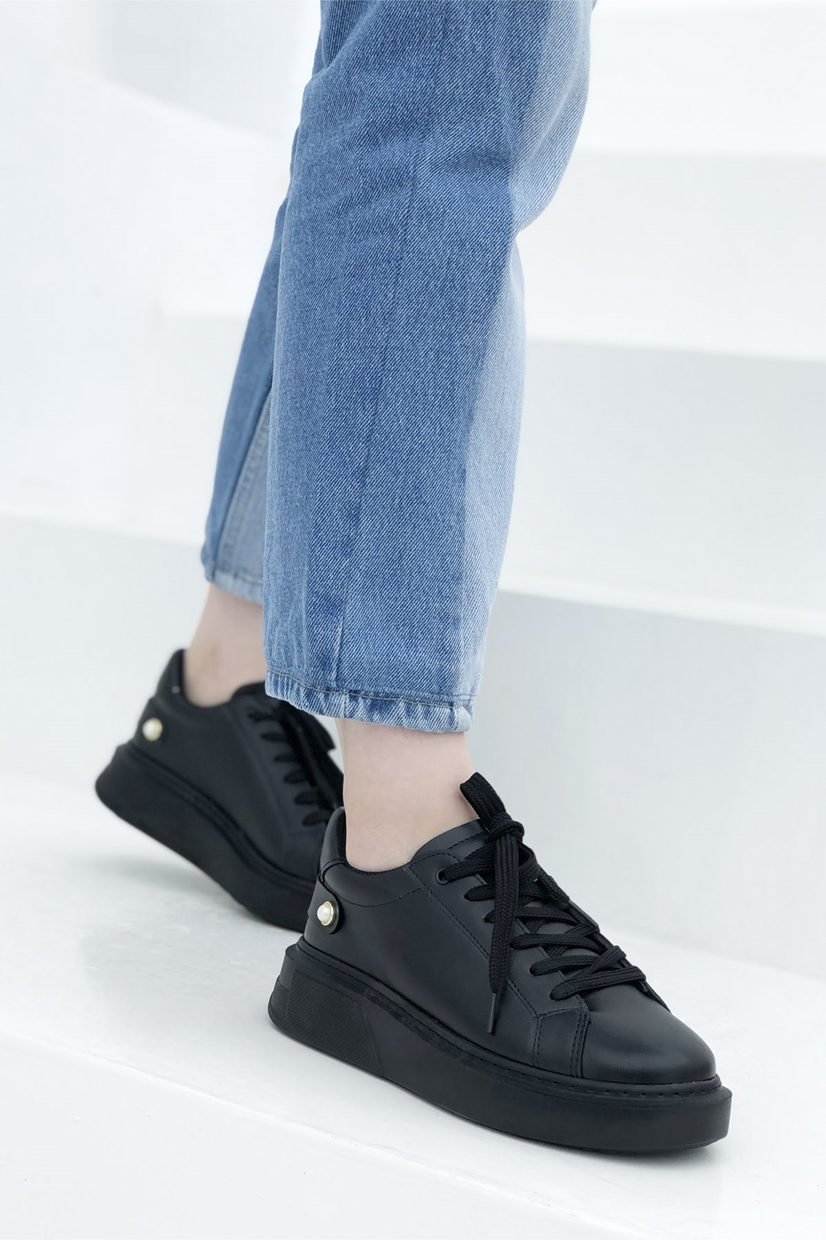 Kalın Tababn Bağcıklı Kadın Spor Ayakkabı Siyah RSL-2134 | My Bella Shoes