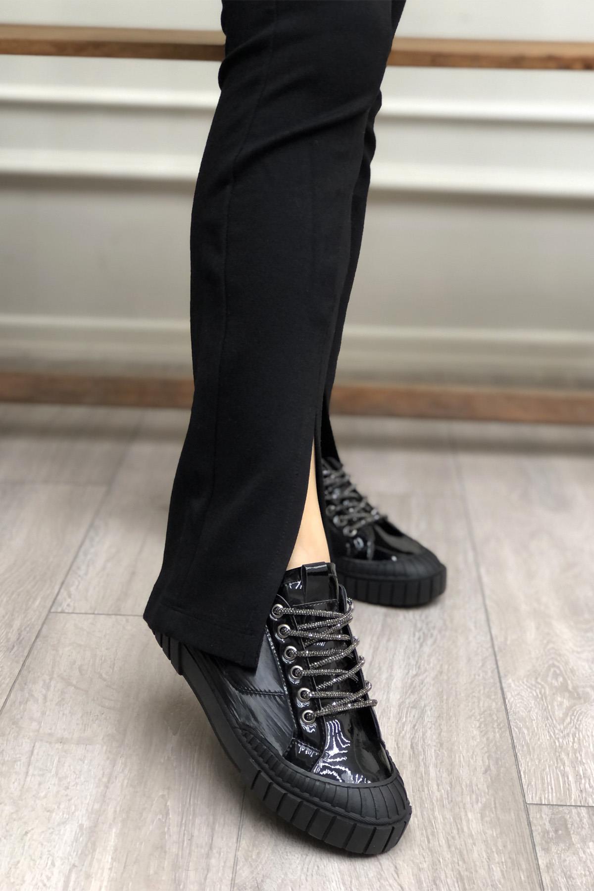 My Bella RSS-300 Paraşüt Taşlı Bağcıklı Kadın Ayakkabı Siyah