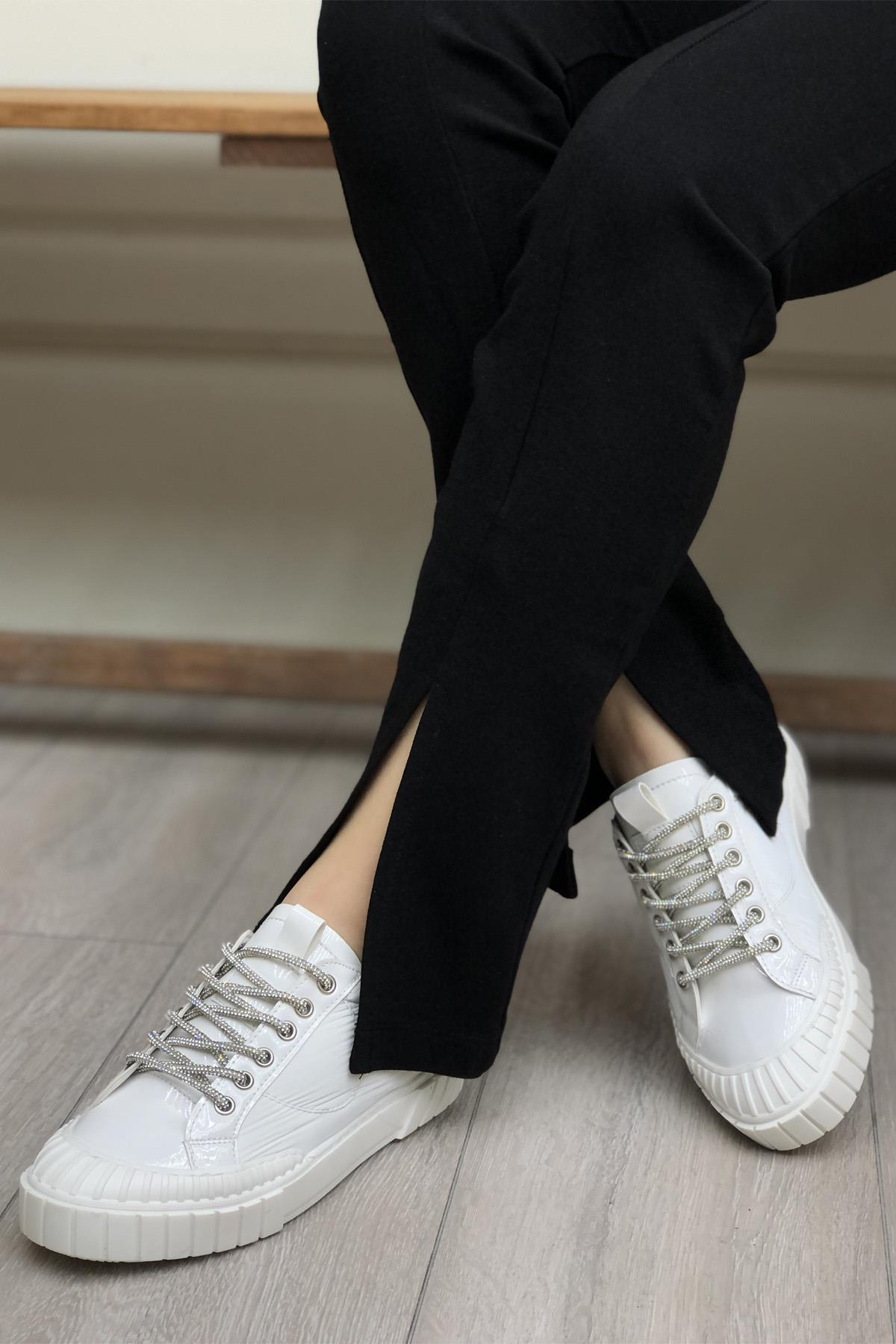 My Bella RSS-300 Paraşüt Taşlı Bağcıklı Kadın Ayakkabı Beyaz