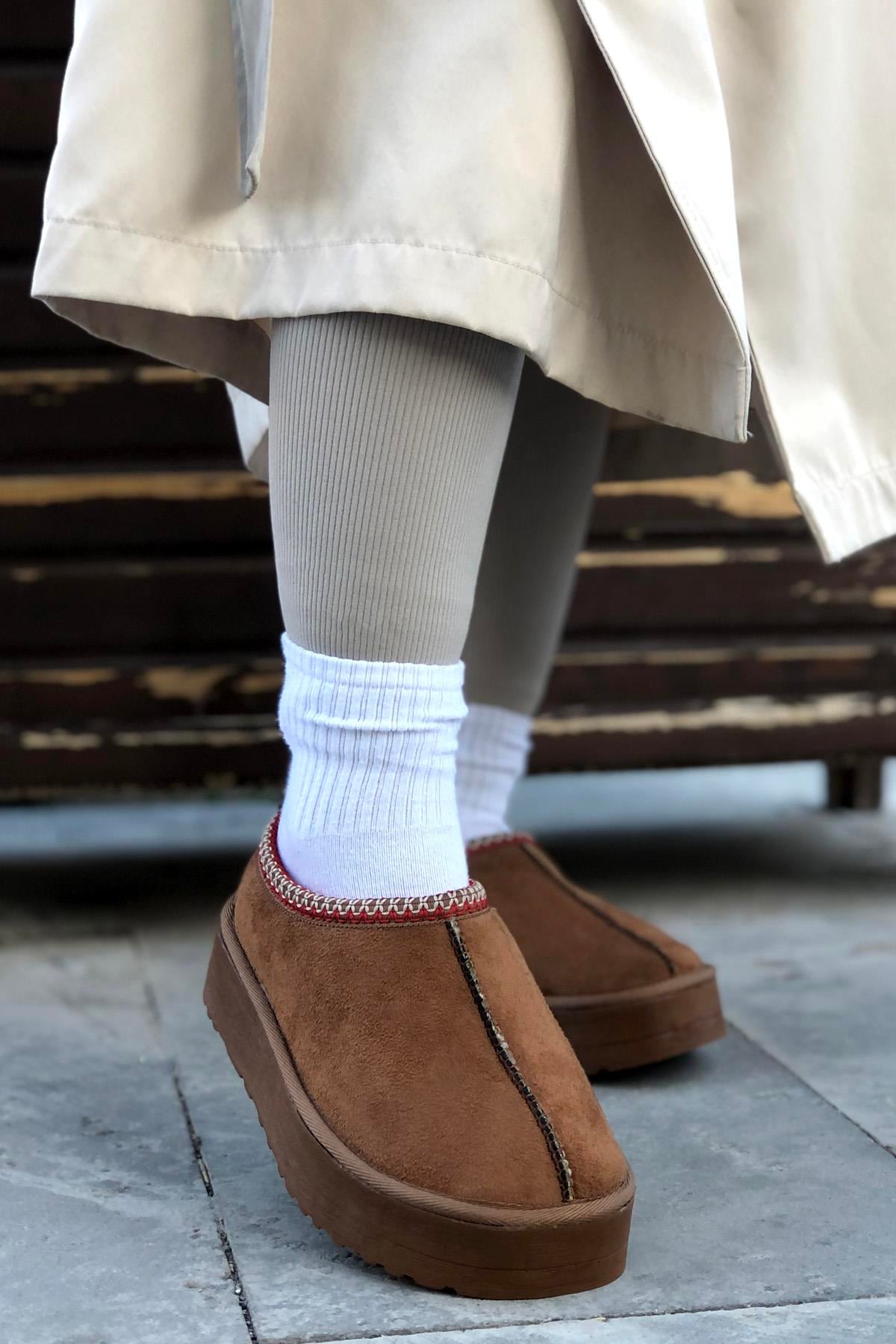 My Bella SDY-50 Mini Kalın Taban UGG Kadın Terlik Taba