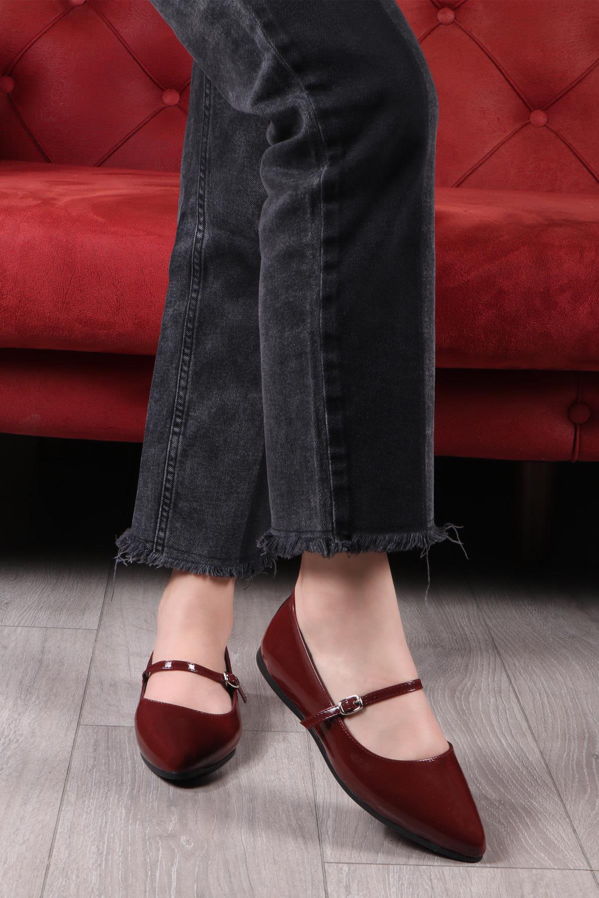 My Bella SDY-S417 Tek Bant  Kadın Babet Bordo Rugan