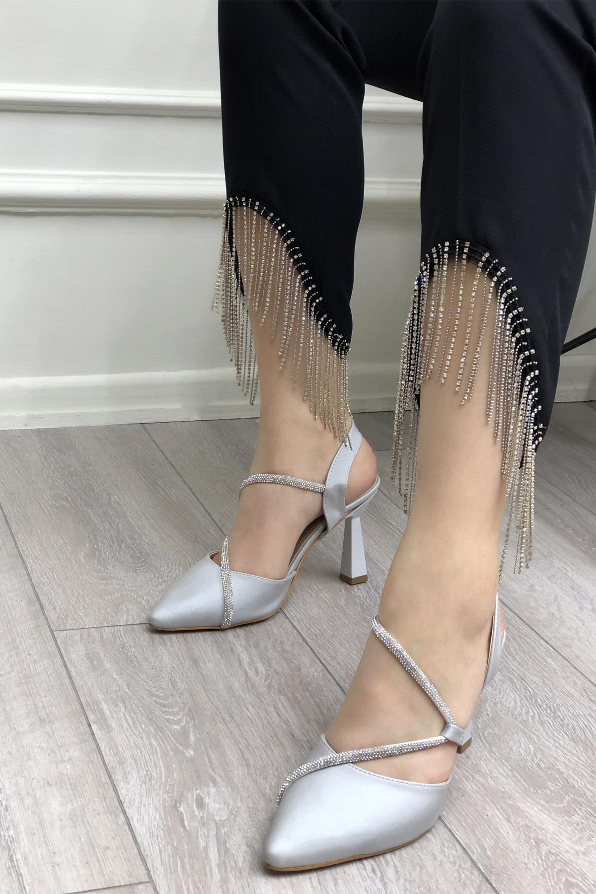My Bella SP-826 Saten Kadeh Topuk Kadın Ayakkakbı Gümüş Saten