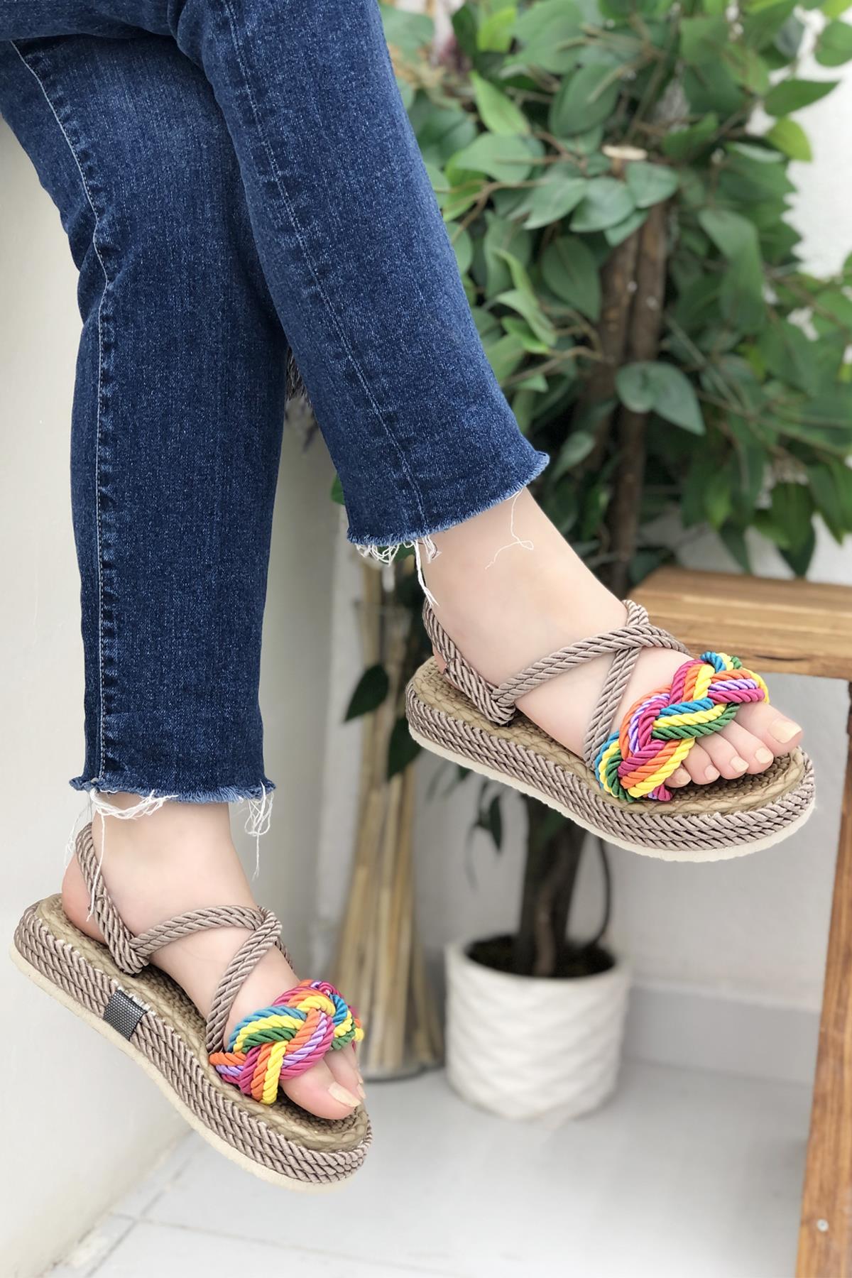 My Bella Y-110 Örgülü Yüksek Kadın Sandalet ten multi