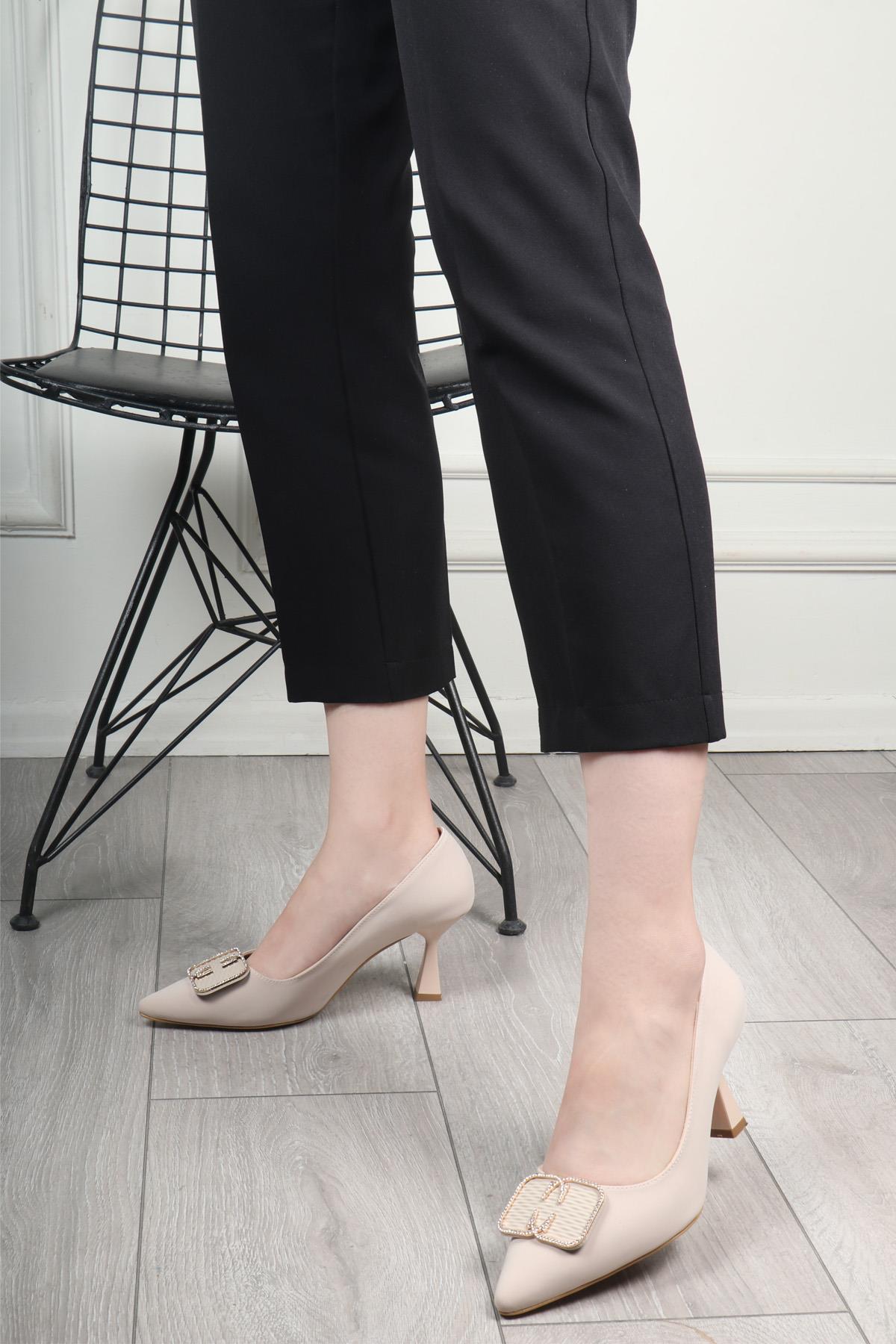 MYBELLA EM-713-2 Kapalı Topuklu Kadın Ayakkabı Ten Kumaş