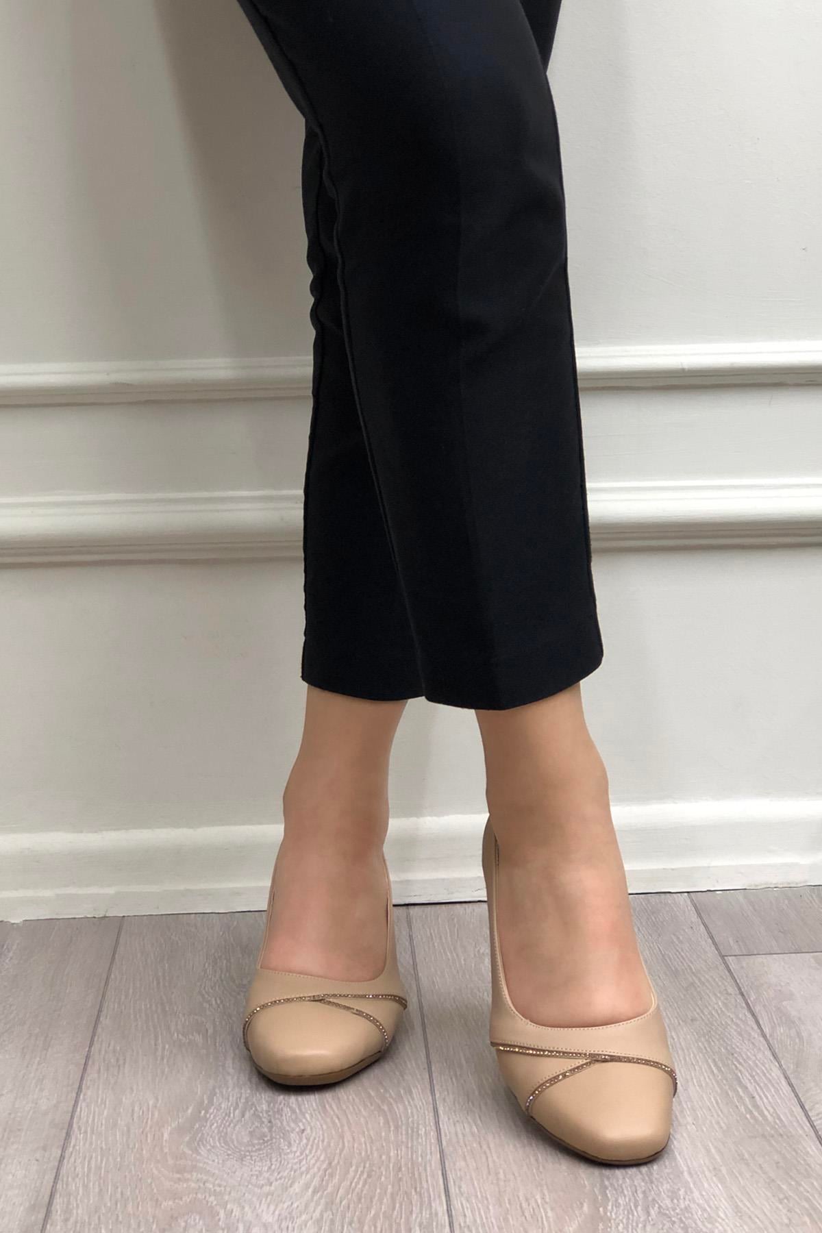 MYBELLA  MF-8629 Taşlı Topuklu Kadın Ayakkabı Nut