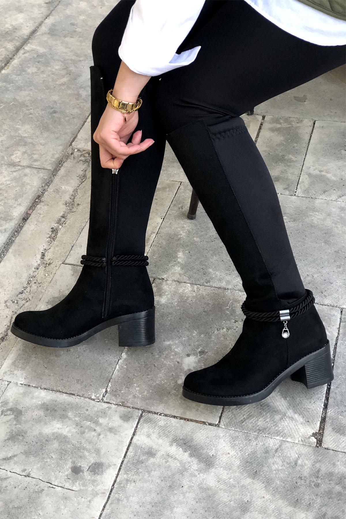 MYBELLA ZRD-203 Tokalı Lastikli Çizme Siyah Süet