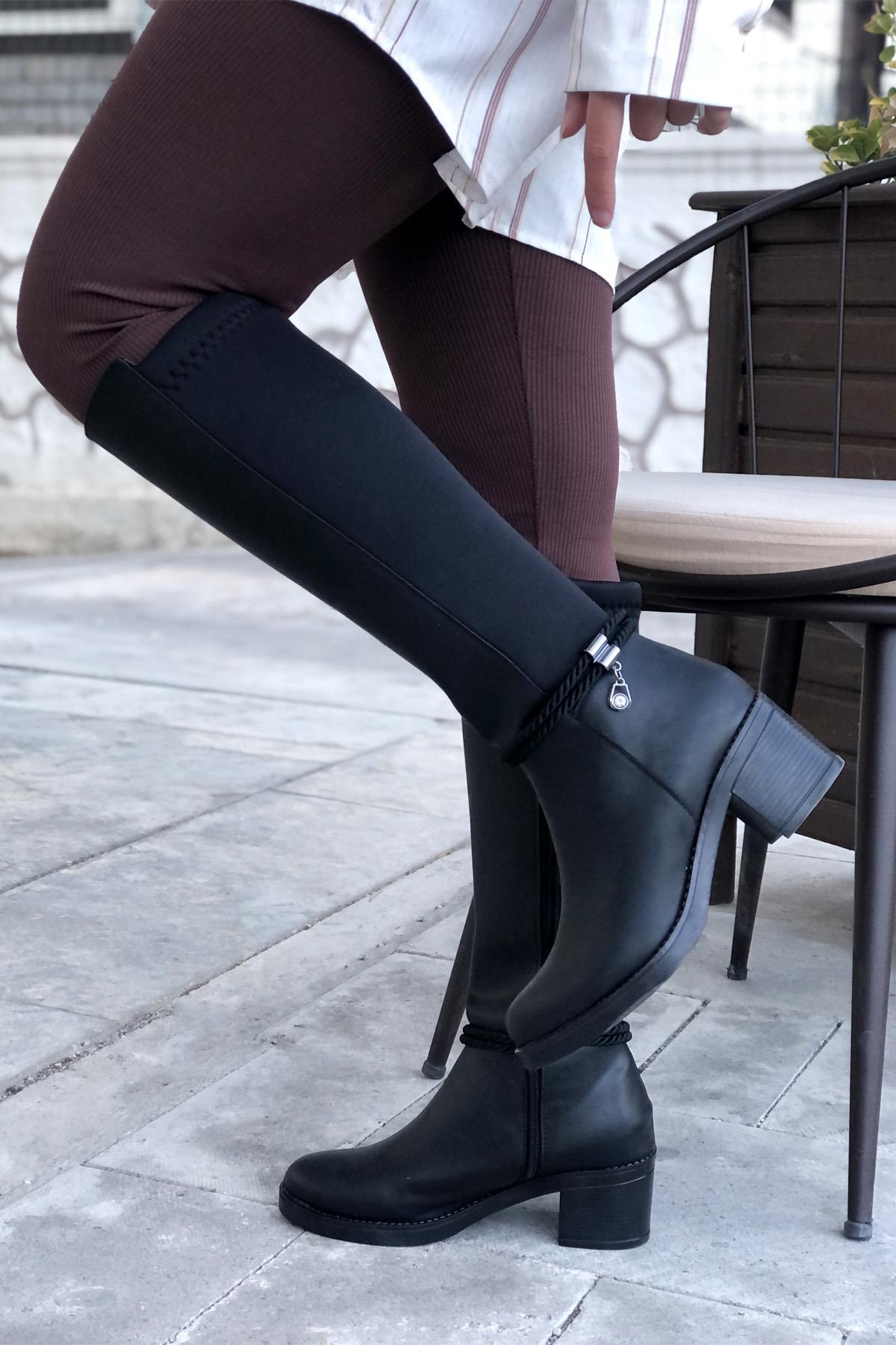 MYBELLA ZRD-203 Tokalı Lastikli Çizme Siyah