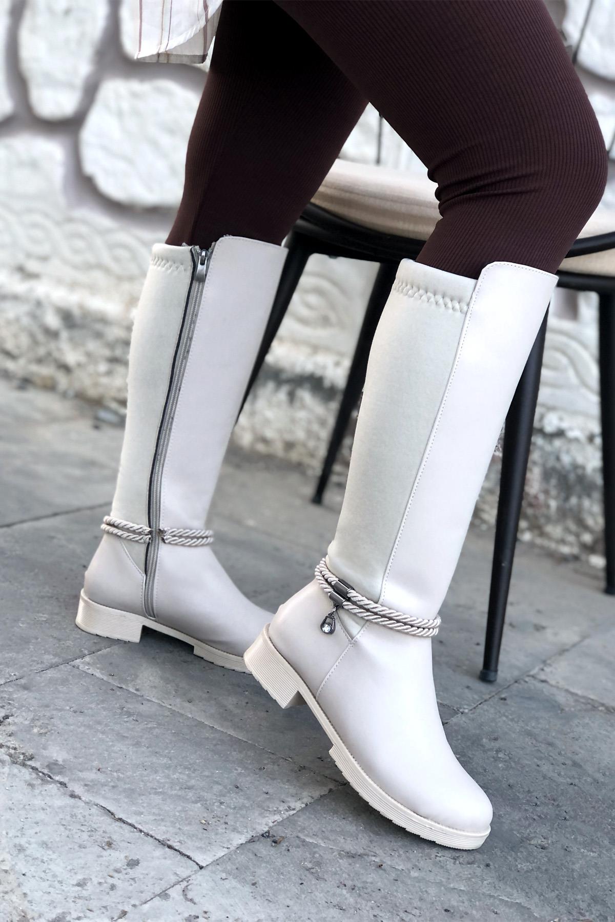 MYBELLA ZRD-211 Tokalı Lastikli Çizme Bej