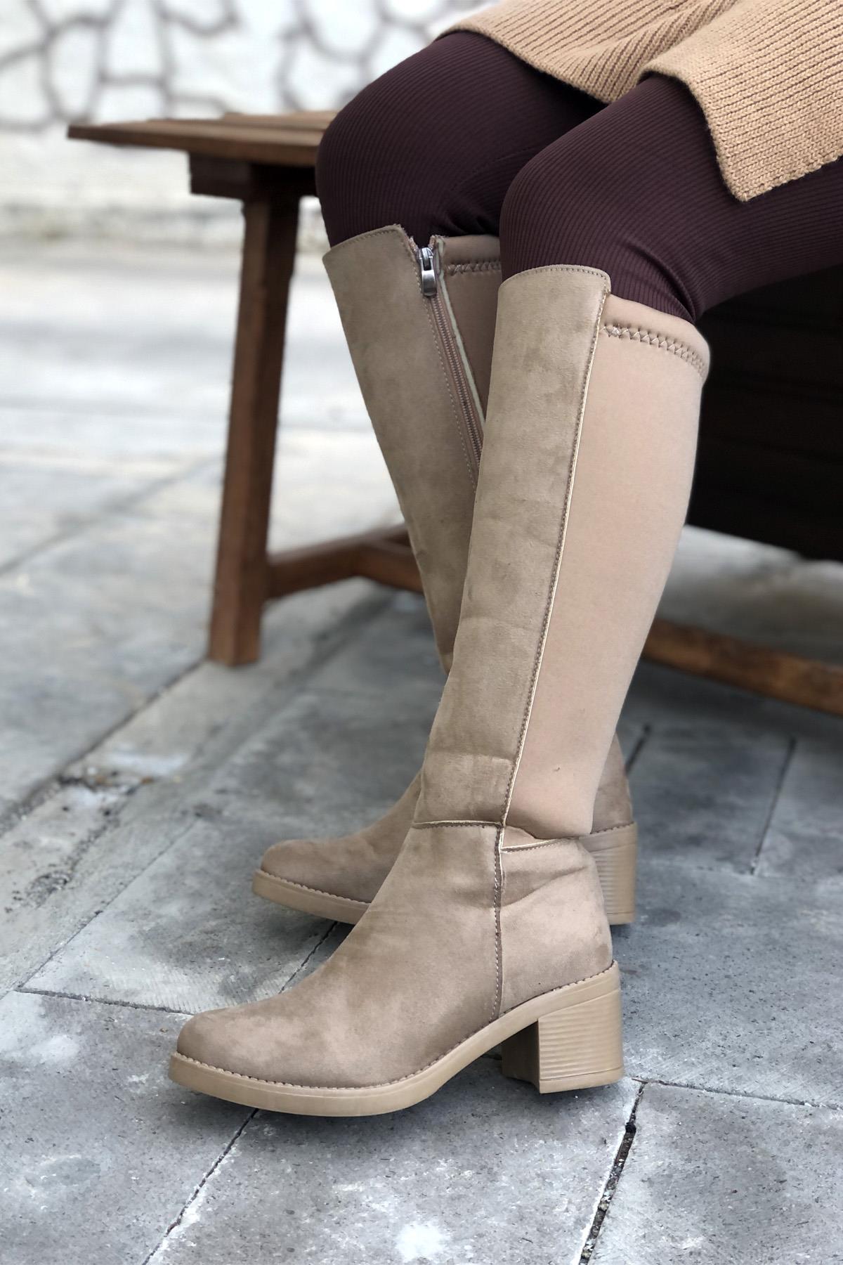 MYBELLA ZRD-401 Lastikli Çizme Ten Süet