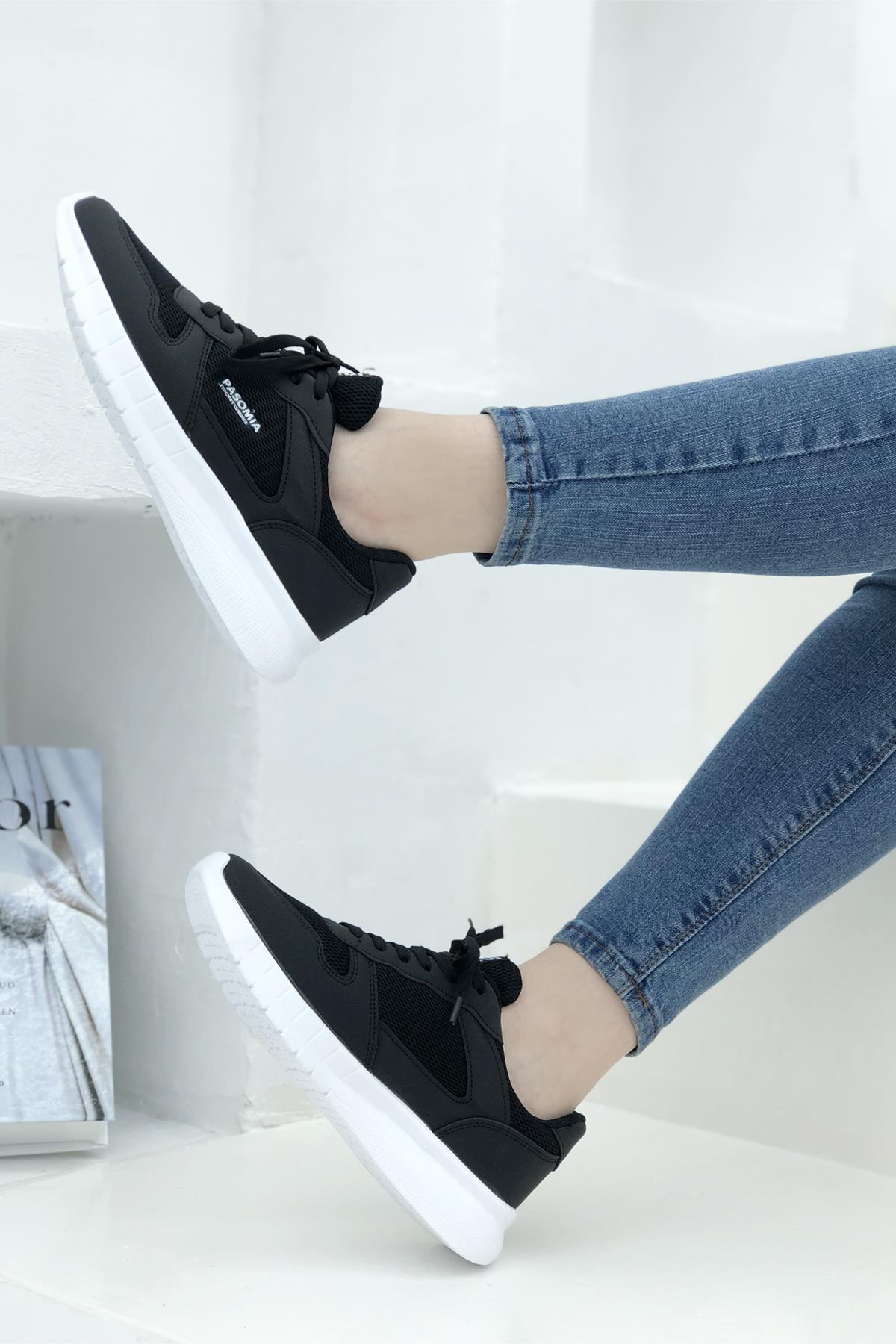 PASOMİA 011 Kadın Anorak Spor Ayakkabı Siyah Beyaz