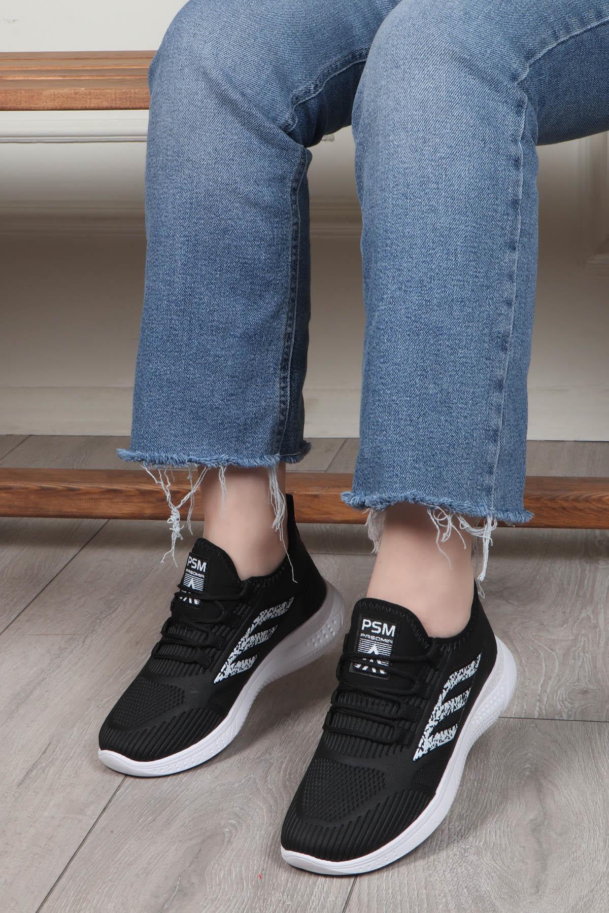 PASOMİA 022 Unisex Cilt Spor Ayakkabı Siyah Beyaz