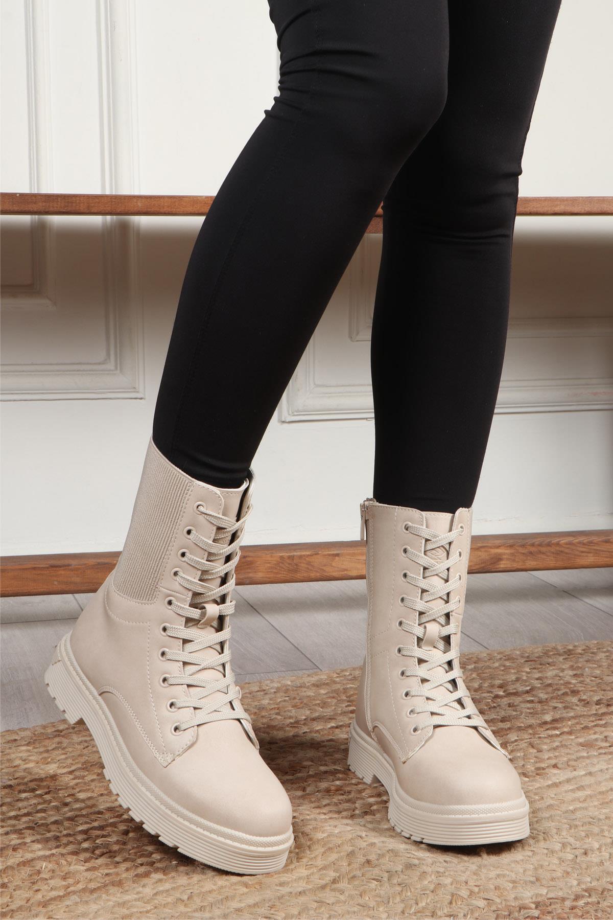 POLACT 23002 tek Fermuar Kadın Bot Bej Zümrüt