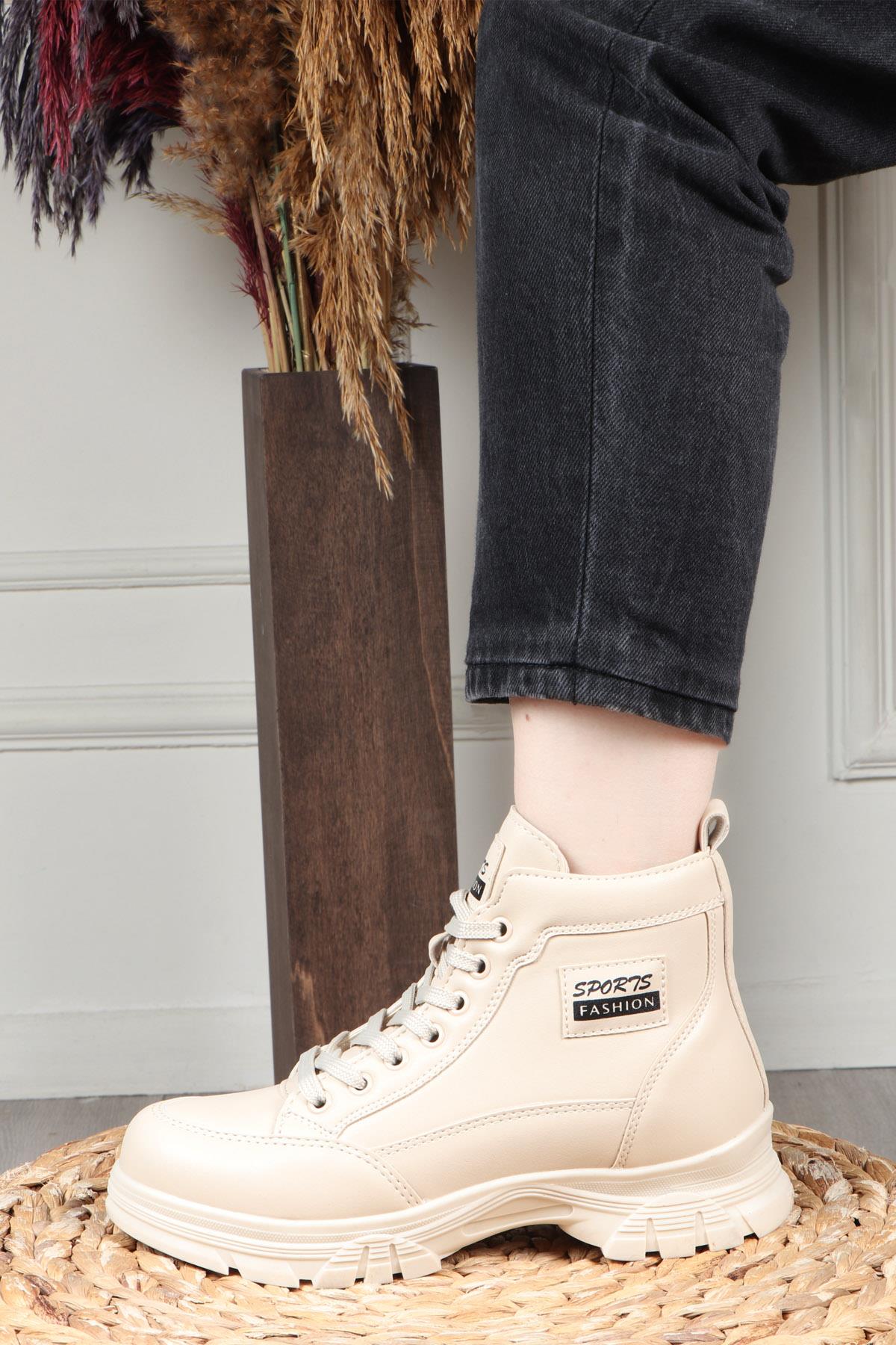 POLACT 24090 Kadın Tek Fermuarlı Bot Bej