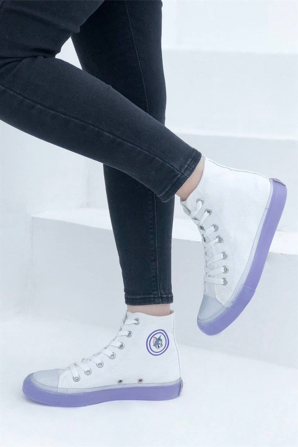 Uzun Boğazlı Converse Günlük Unisex Spor Ayakkabı Beyaz Mor 103 | My Bella  Shoes