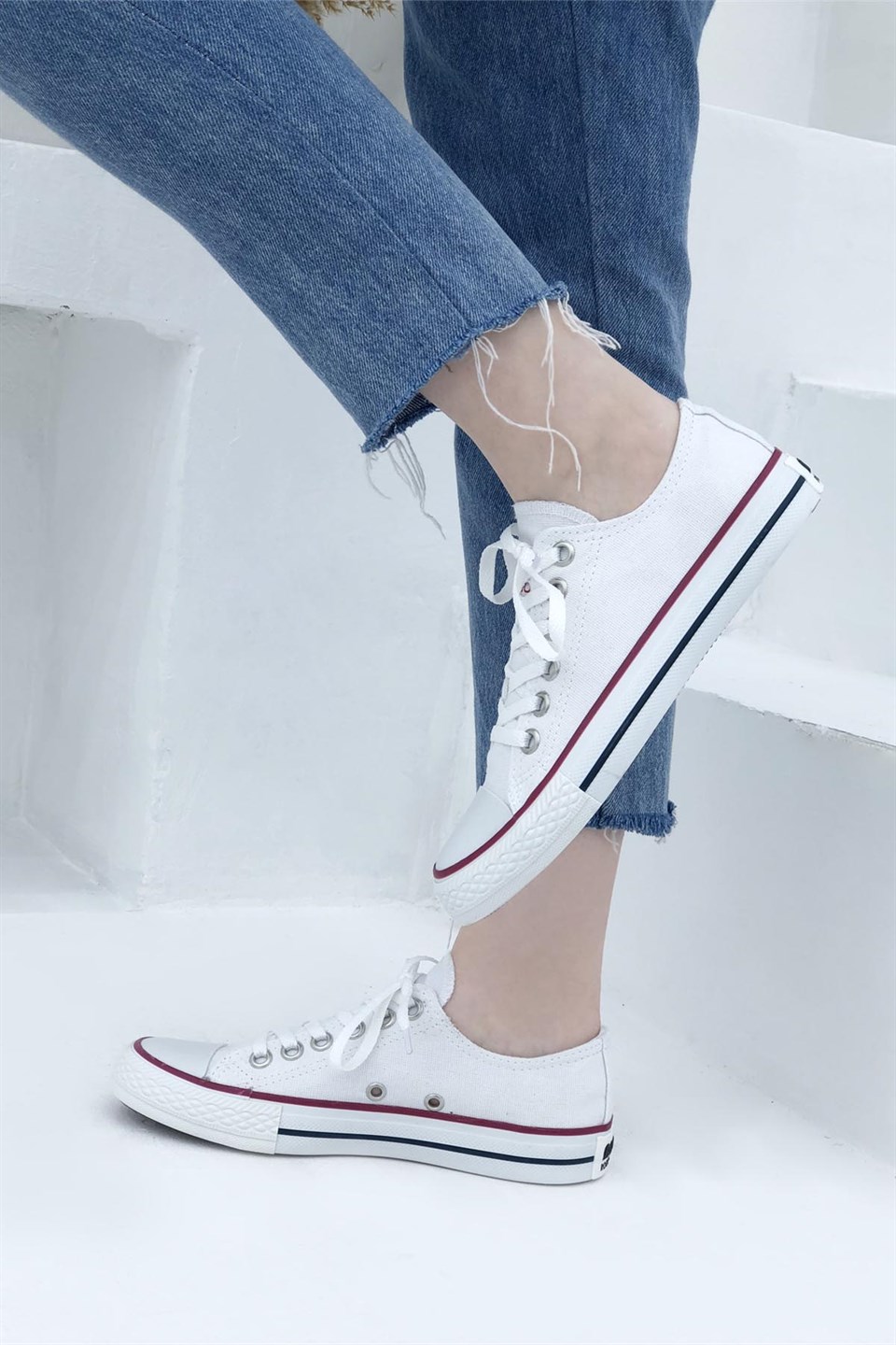 Bağcıklı Keten Kısa Boğazlı Unisex Spor Ayakkabı Beyaz 302 | My Bella Shoes