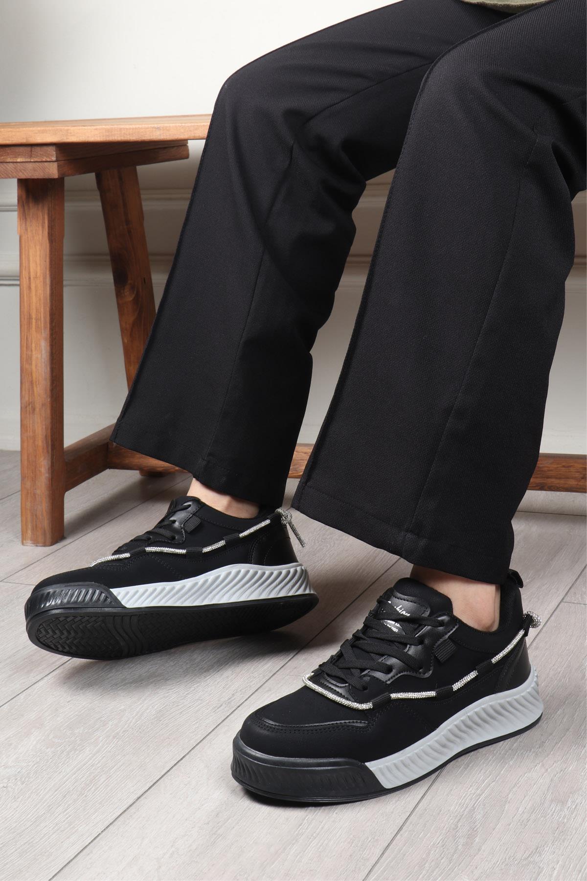 TWİNGO 2080 Taşlı  Kadın Ayakkabı Siyah Zümrüt