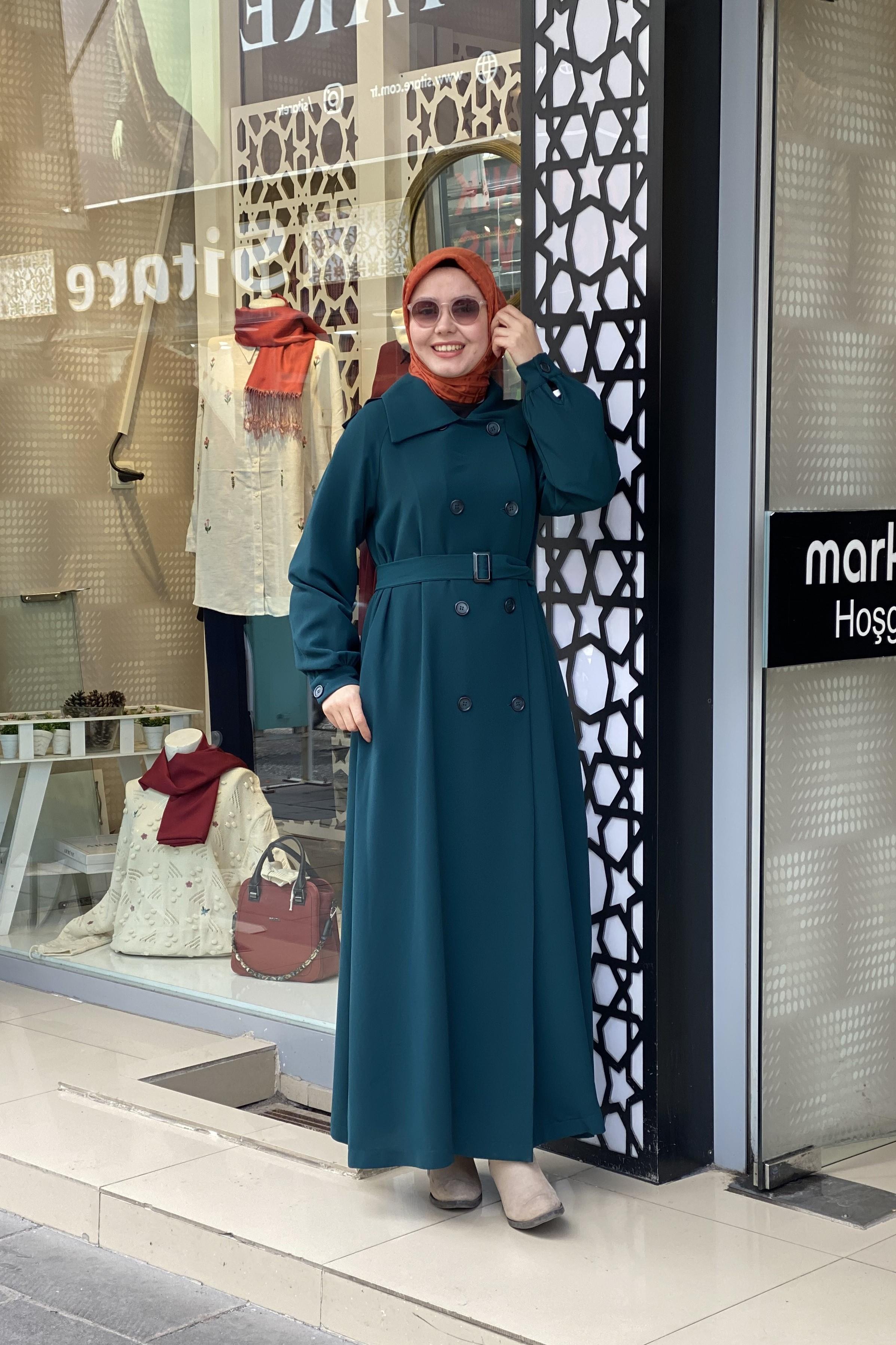 Tesettür 0308 Krep Kumaş Düğmeli Trenç